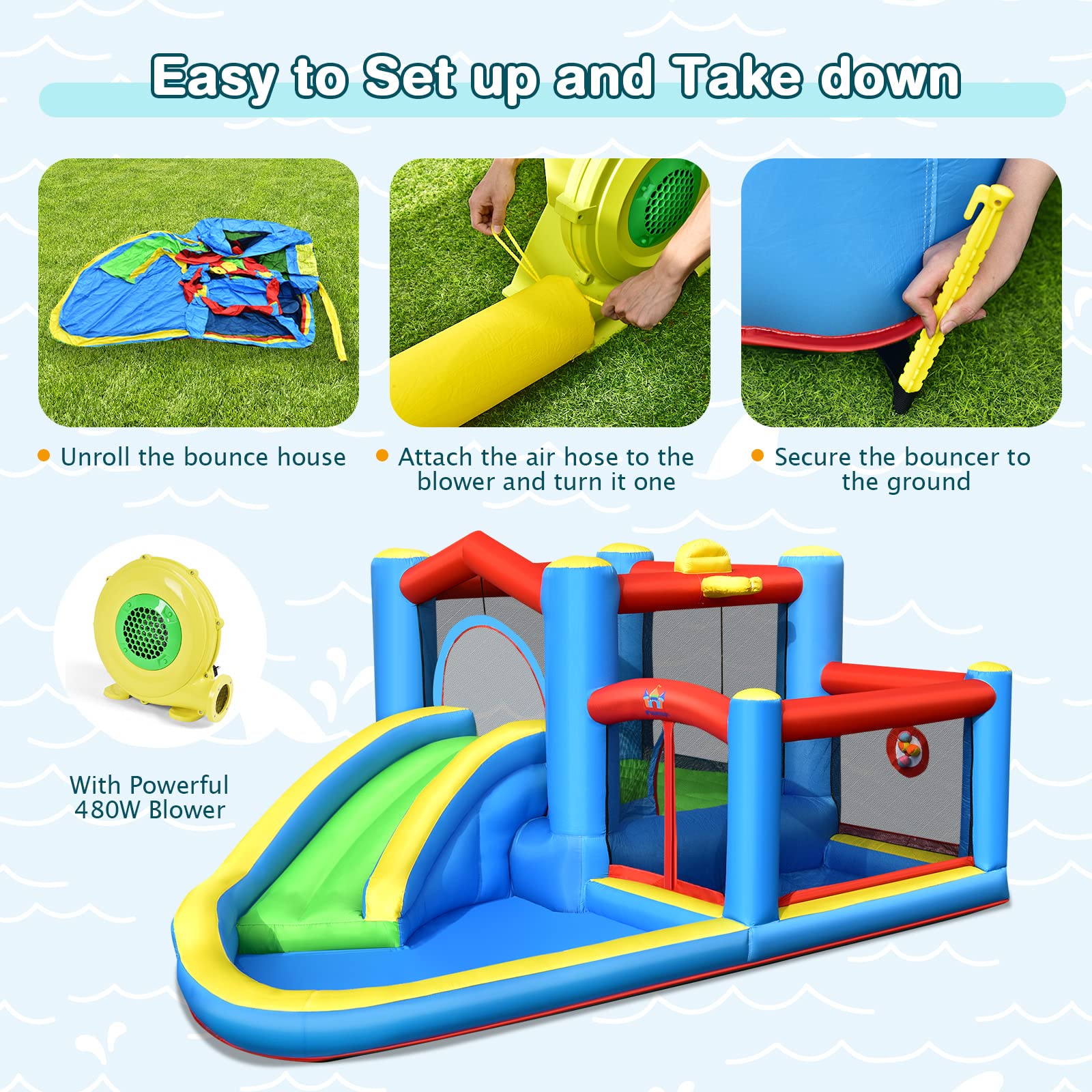 **HONEY JOY 6-in-1 Inflatable Water Slide for Kids & Adults - Giant Blow Up Bouncy Water Park with Target Ball & Climbing Wall - Outdoor Backyard Water Bounce House with 480W Blower - Perfect for Summer Parties, Birthdays & Family Fun**