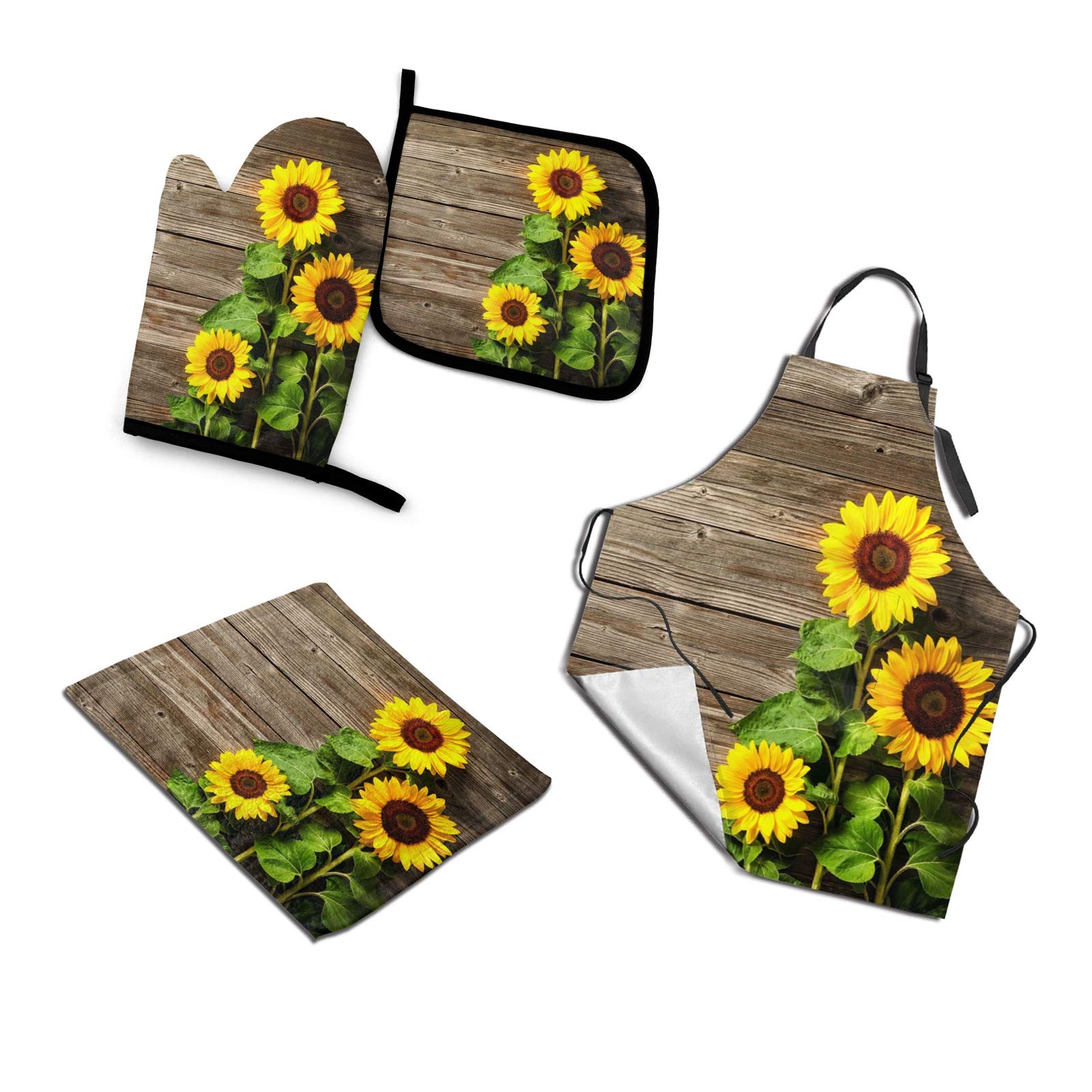 Abucaky 4-Piece Vintage Sunflower Kitchen Set - Waterproof Apron, Oven Mitt, Pot Holder & Absorbent Towel - 3D Wood Print Home Decor for Cooking, Hostess Gifts & Farmhouse Style Kitchens