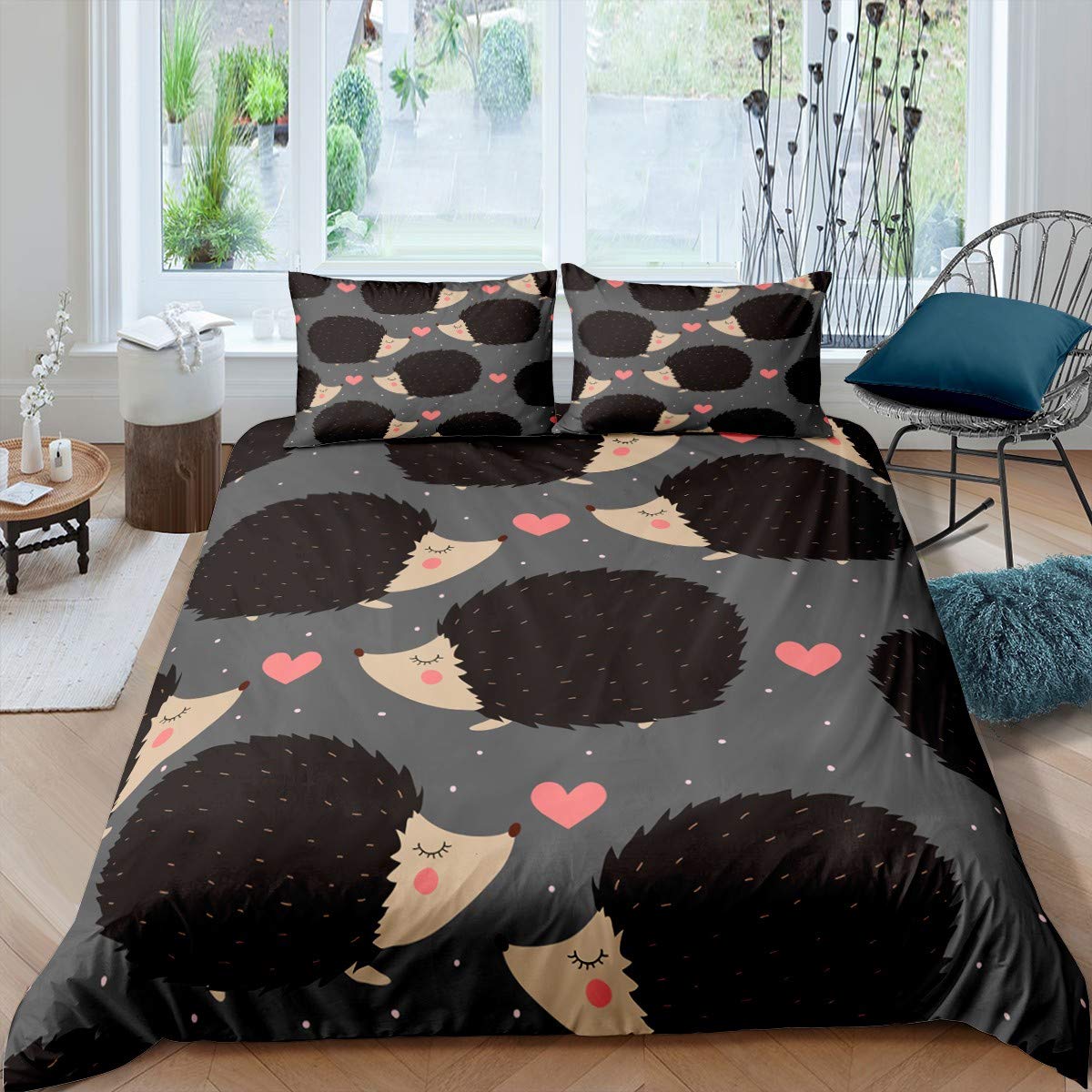 Cute Hedgehog 3D Printed Bedding Set for Kids & Teens - Twin Size Gray Microfiber Duvet Cover with Pillowcase (2Pcs) | Soft Wildlife Animal Print Comforter Cover for Boys & Girls Bedroom Decor | Perfect for Nursery, Dorm Room or Cozy Bedroom Makeover