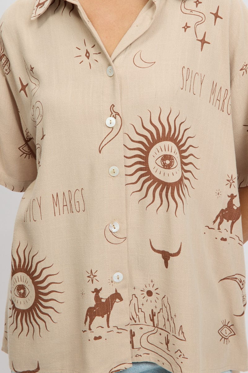 Beige Abstract Relaxed Short Sleeve Shirt for Women - Casual Summer Tops for Beach, Travel & Everyday Wear