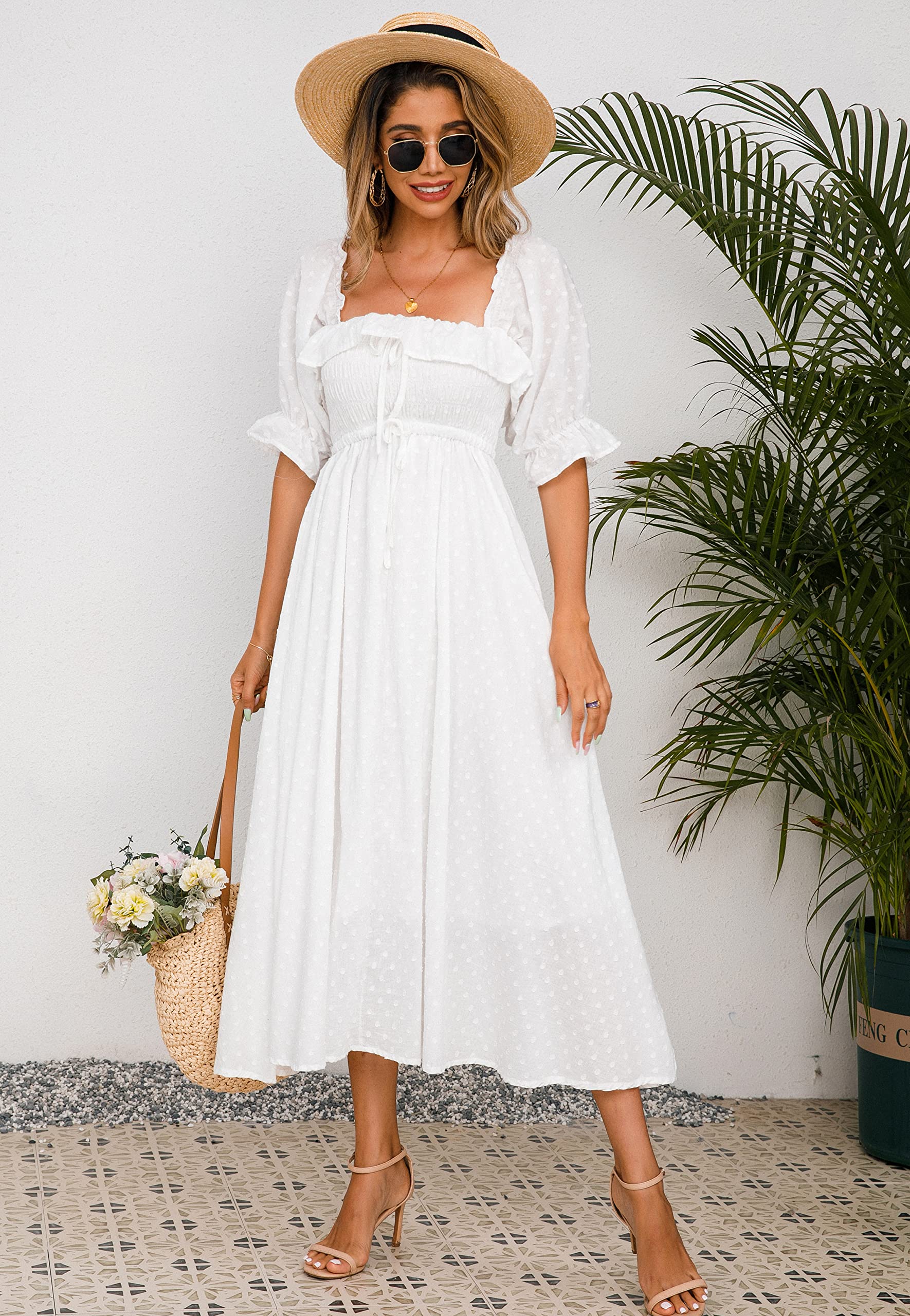 R.Vivimos Women's Vintage Ruffled Backless A-Line Summer Dress - Elegant Half Sleeve Cotton Flowy Long Dress for Beach, Wedding & Special Occasions