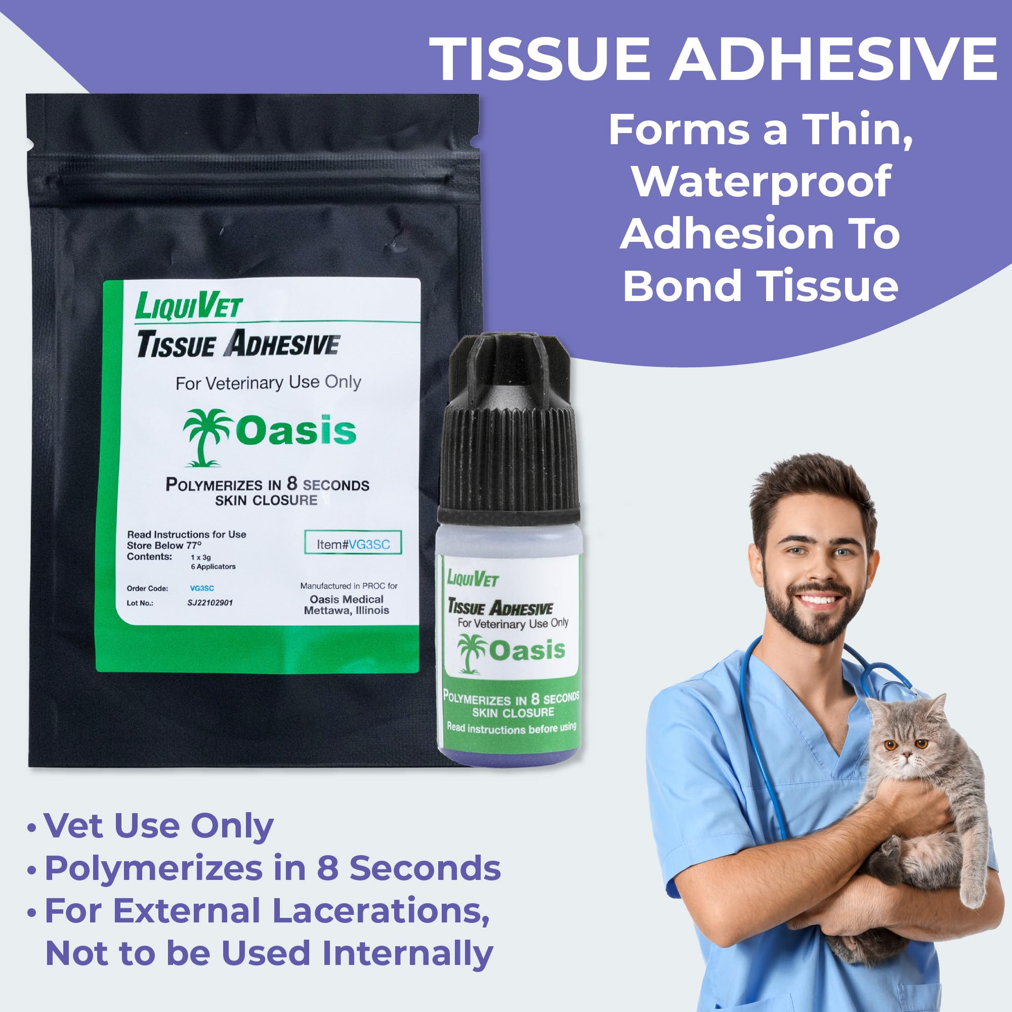 Liquivet 8 Second Tissue Adhesive - Fast-Acting Vet Skin Glue for Wound Closure | 3mL Bottle with 6 Applicators | Ideal for Pet First Aid, Surgical Incisions & Emergency Wound Care
