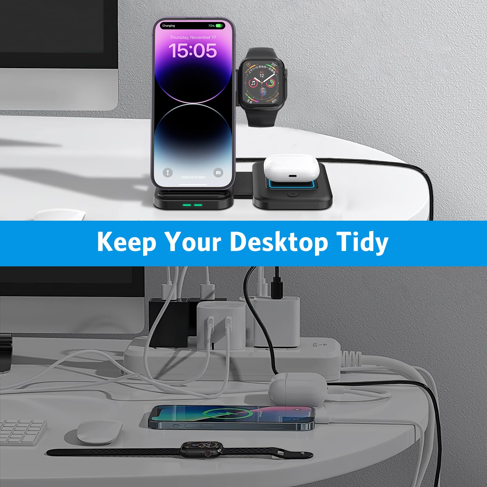 3 in 1 Foldable Wireless Charger with Magsafe - Portable Charging Station for iPhone 15/14/13/12, AirPods & Apple Watch | Fast Wireless Charger for Travel, Office & Nightstand Use