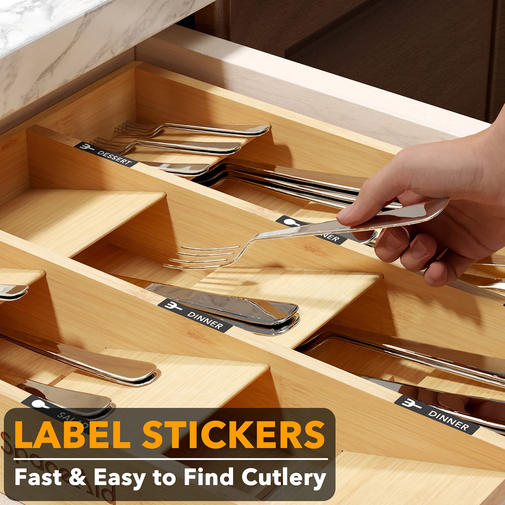 SpaceAid Bamboo Silverware Drawer Organizer with Labels - 9 Slot Kitchen Utensil Tray for Flatware, Cutlery, Spoons & Knives - Perfect for Drawer Storage Organization & Kitchen Countertop Decluttering