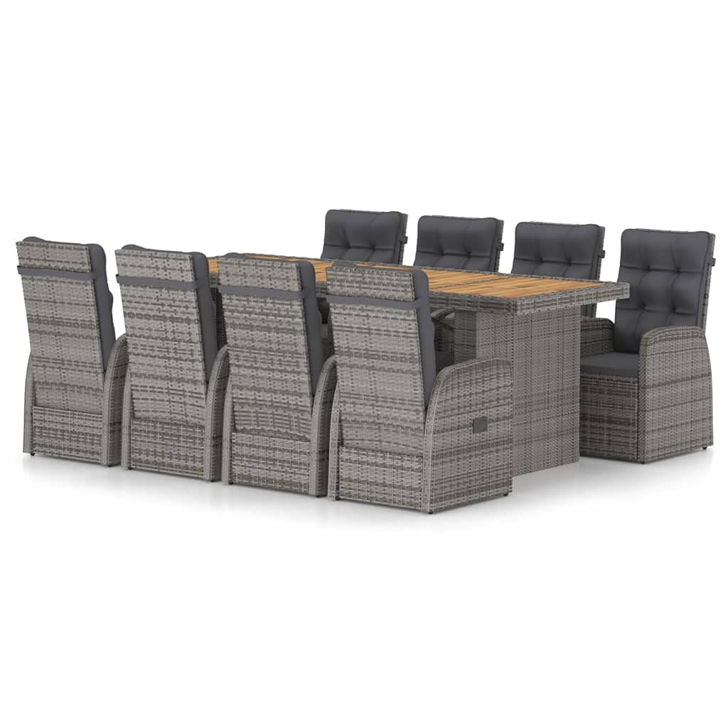 9-Piece Gray Poly Rattan Outdoor Dining Set with Cushions - Patio Furniture Set with Table & Armchairs for Garden, Backyard, and Poolside Relaxation