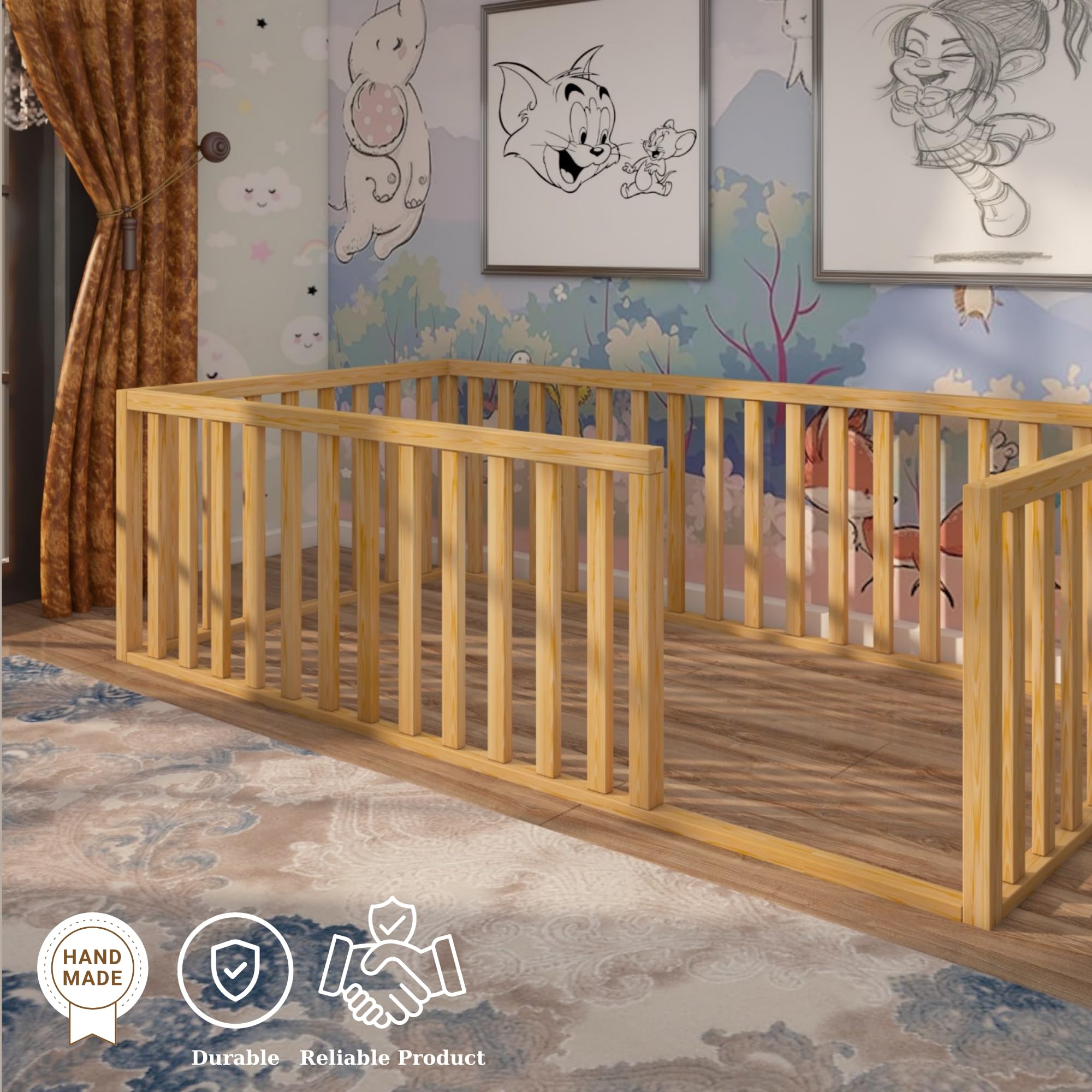 Montessori Floor Bed for Toddlers & Kids 52x27.5 Inches - Solid Pine Wood Baby Bed with Safety Guardrails | Low Profile Crib (17