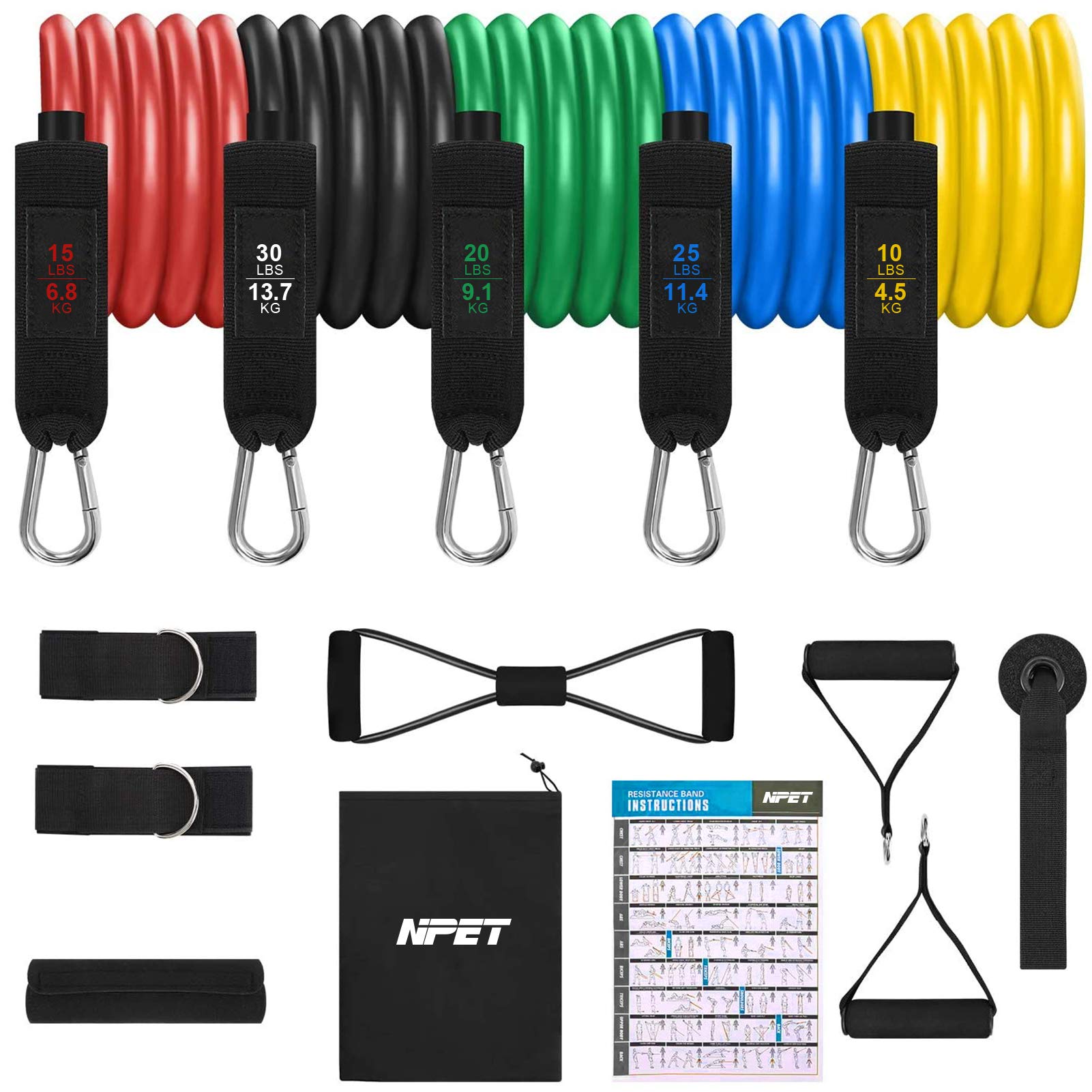NPET 13-Piece Resistance Band Set with Handles, Ankle Straps, Door Anchor & Carry Bag - Workout Bands for Strength Training, Home Gym, Physical Therapy & Yoga - Perfect for Home Fitness, Rehabilitation & Muscle Building