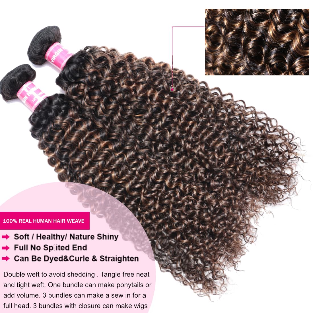 UNICE 16/18/20 Inch Brown Highlight Deep Curly Brazilian Remy Human Hair Weave Bundles - Ombre Blonde with Dark Roots for Sew-In & Wig Making (FB30 Color) | Perfect for Parties, Weddings & Daily Styling