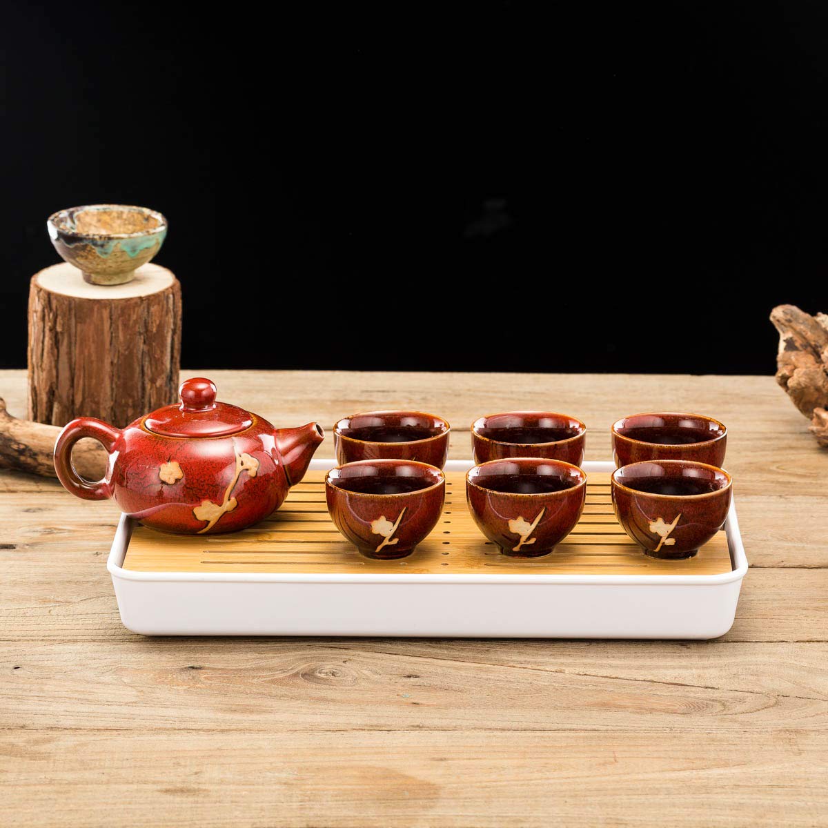 Premium Handmade Chinese & Japanese Ceramic Tea Set - Traditional Tea Ceremony Kit with Teapot, 6 Teacups & Bamboo Tray (Red) - Perfect for Home Tea Parties, Zen Meditation & Cultural Gift Giving