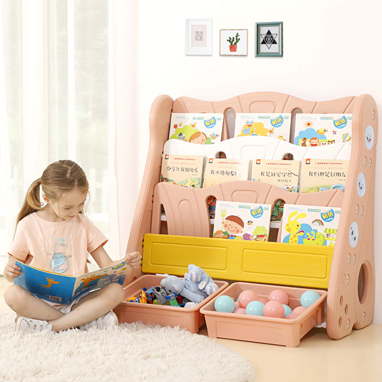 SAZDFY Kids Book Shelf - Wooden Bookcase for Children with Toy Storage, Cartoon Design, Pink - Perfect for Nursery, Playroom & Classroom Organization
