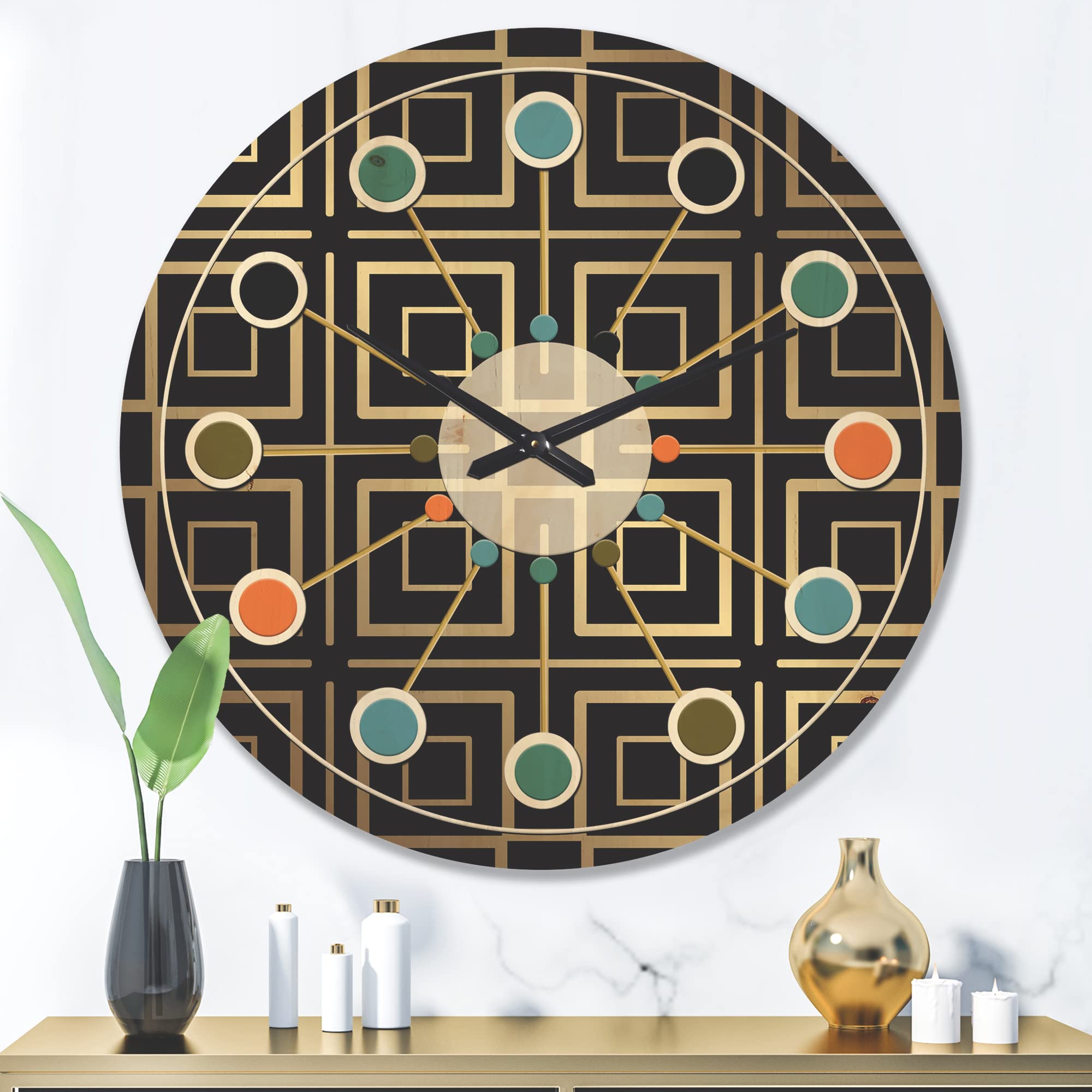 Metallic Golden Luxury Geometric Wall Clock - Large Mid-Century Modern Wooden Clock for Living Room, Bedroom & Office Décor | Oversized Decorative Wood Wall Art