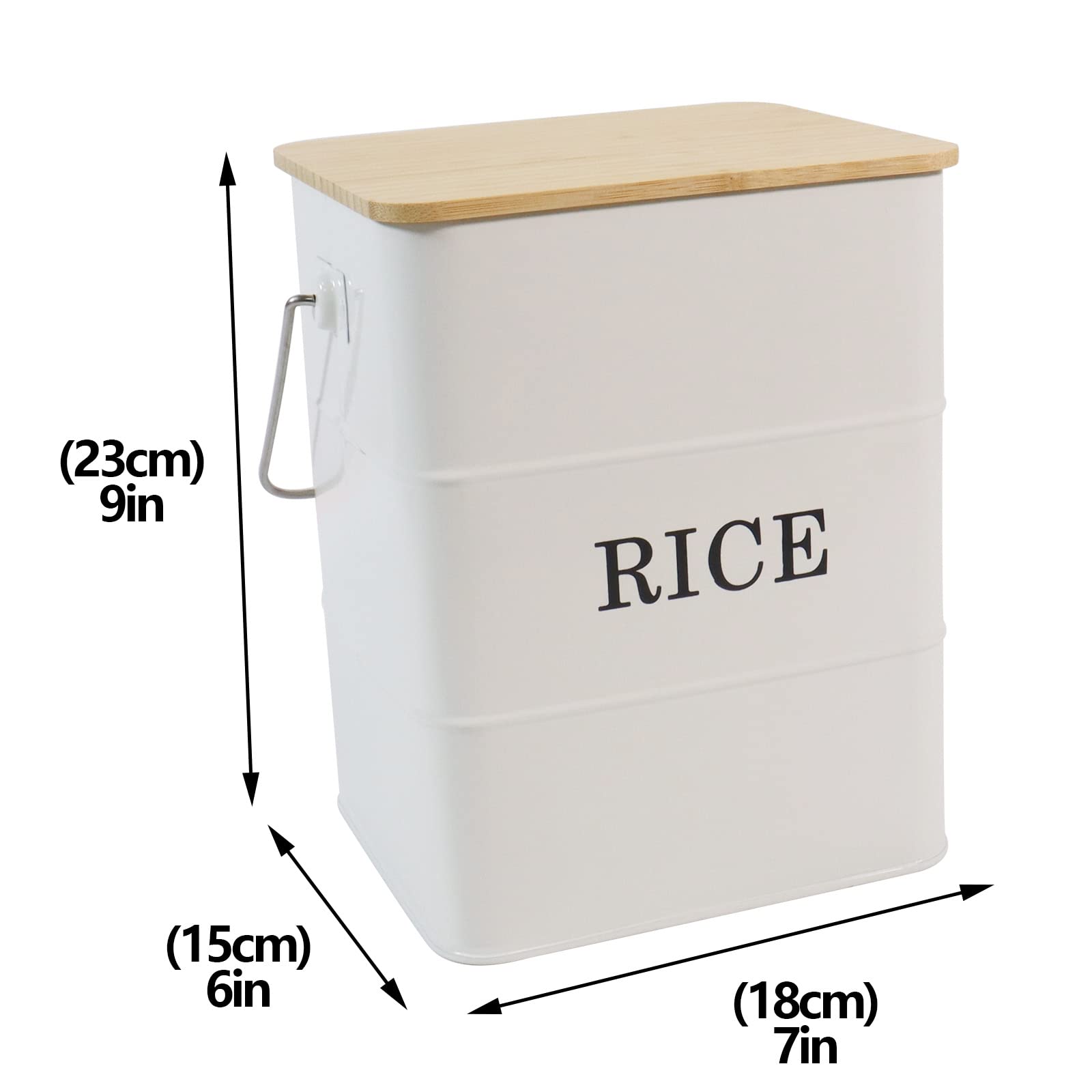 Airtight Metal Rice Storage Bin with Bamboo Lid & Scoop - Food Storage Container for Rice, Flour, Soybean, Grain & Cereal - Perfect for Kitchen Pantry Organization & Bulk Food Storage (White)