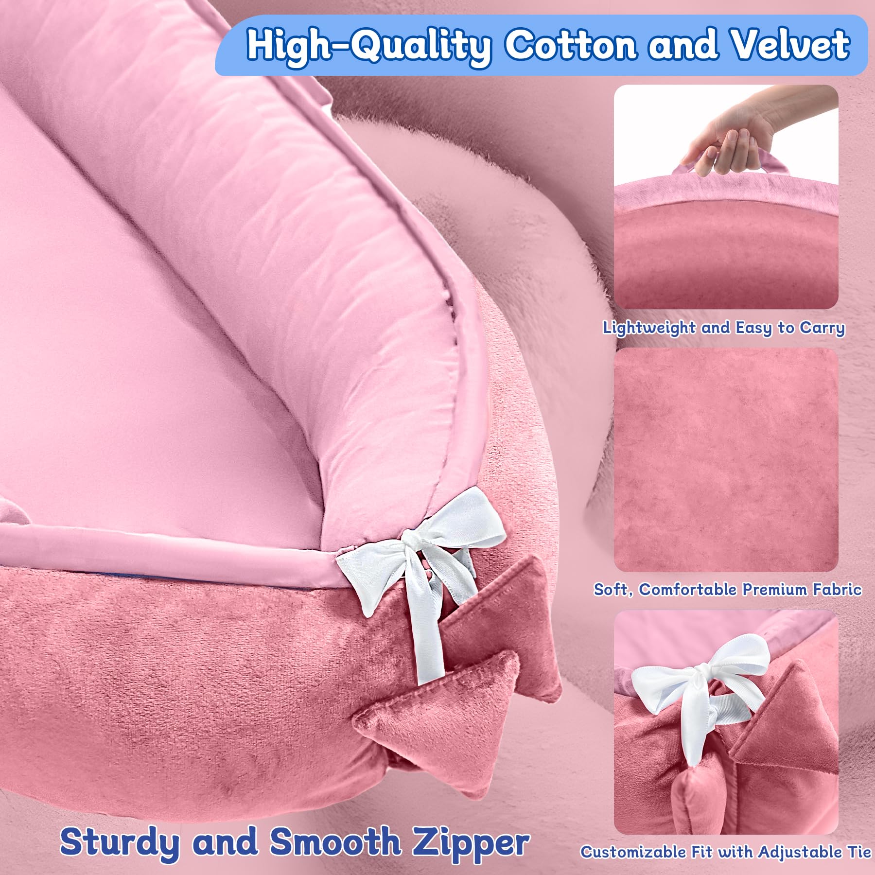 **Baby Lounger for Newborn 0-24 Months | Adjustable Portable Infant Lounger with Breathable 100% Cotton & Velvet Cover | Co-Sleeper for Bed | Perfect Baby Shower Gift & Nursery Essential | Ideal for Napping, Travel & Safe Co-Sleeping**