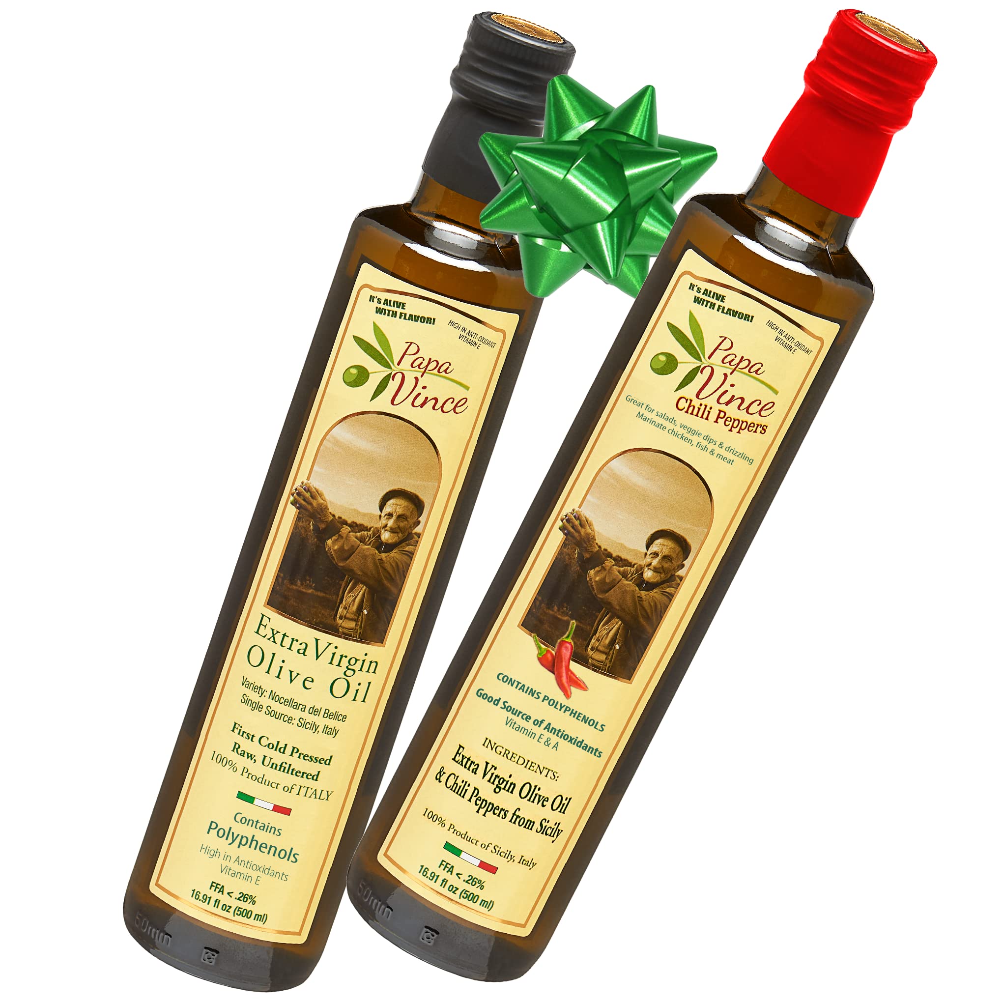 Premium Organic Extra Virgin Olive Oil - Papa Vince Cold Pressed Polyphenol Rich EVOO | Early Harvest, Unfiltered & Unrefined | Vitamin Rich with Amazing Taste | 2-Pack (Classic & Chili Oil) | Perfect for Salads, Cooking & Gourmet Dipping