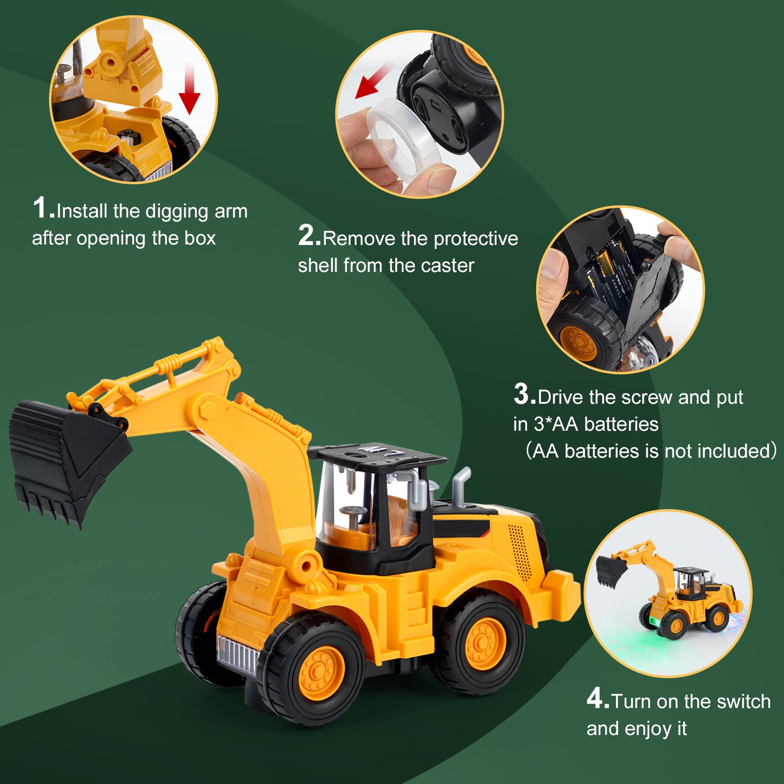 Kizeefun Electric Excavator Truck Toy for Kids Ages 2-5 - Construction Digger Truck with Lights & Music, Universal Wheels - Perfect Birthday & Christmas Gift for Toddler Boys | Outdoor Sandbox & Indoor Pretend Play