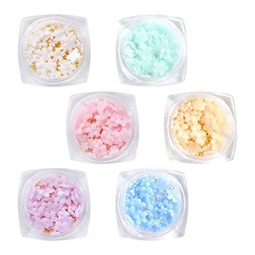 Beaupretty 6 Boxes 3D Flower Nail Charms - Flat Resin Floral Nail Art Designs with Pearl & Metal Ball Studs | DIY Manicure Jewelry for Nail Art Accessories | Perfect for Bridal, Party & Salon Nail Decorations