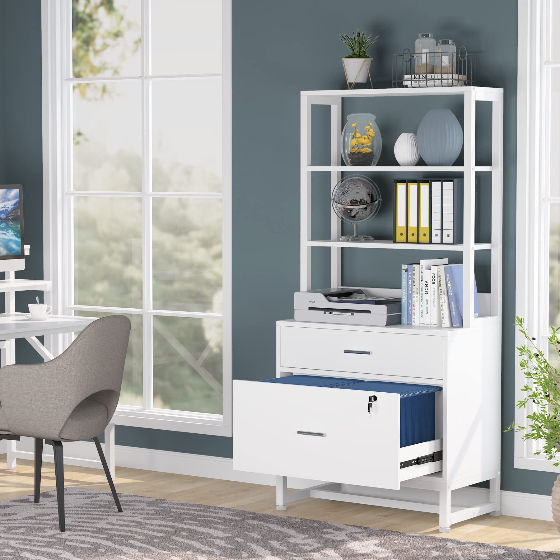 Tribesigns 2-Drawer Lockable Lateral File Cabinet - Letter Size Modern Office Storage with Open Shelves for Printer & Supplies - White - Perfect for Home Office Organization & Workspace Storage Solutions