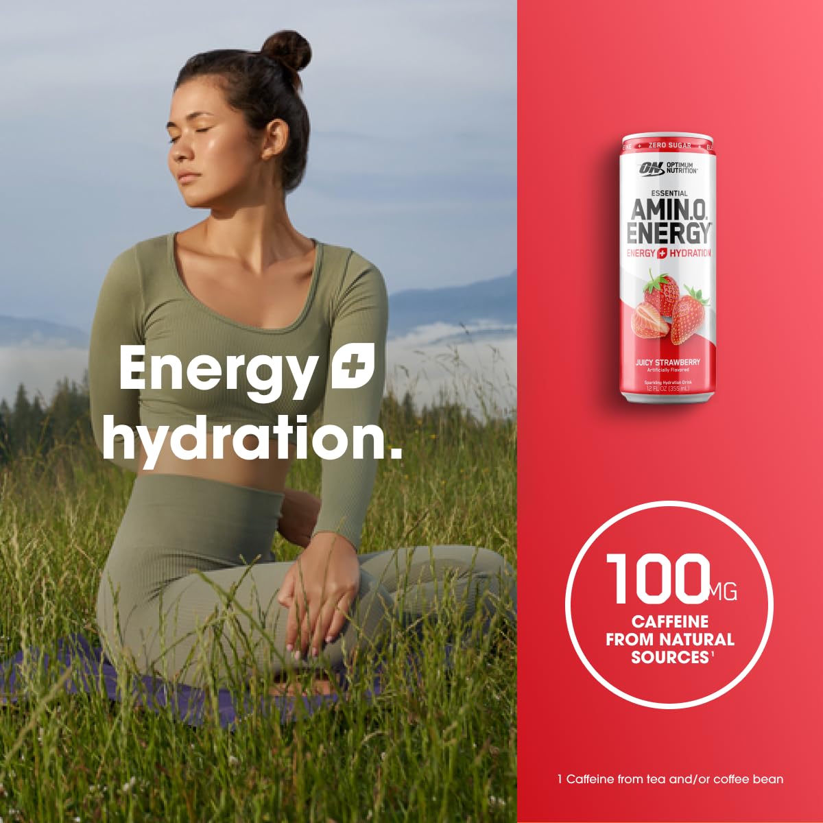 Optimum Nutrition Amino Energy Sparkling Hydration Drink with Electrolytes, Caffeine & BCAAs - Sugar Free Juicy Strawberry Flavor, 12 Fl Oz (12 Pack) - Perfect for Workouts, Recovery & On-the-Go Hydration