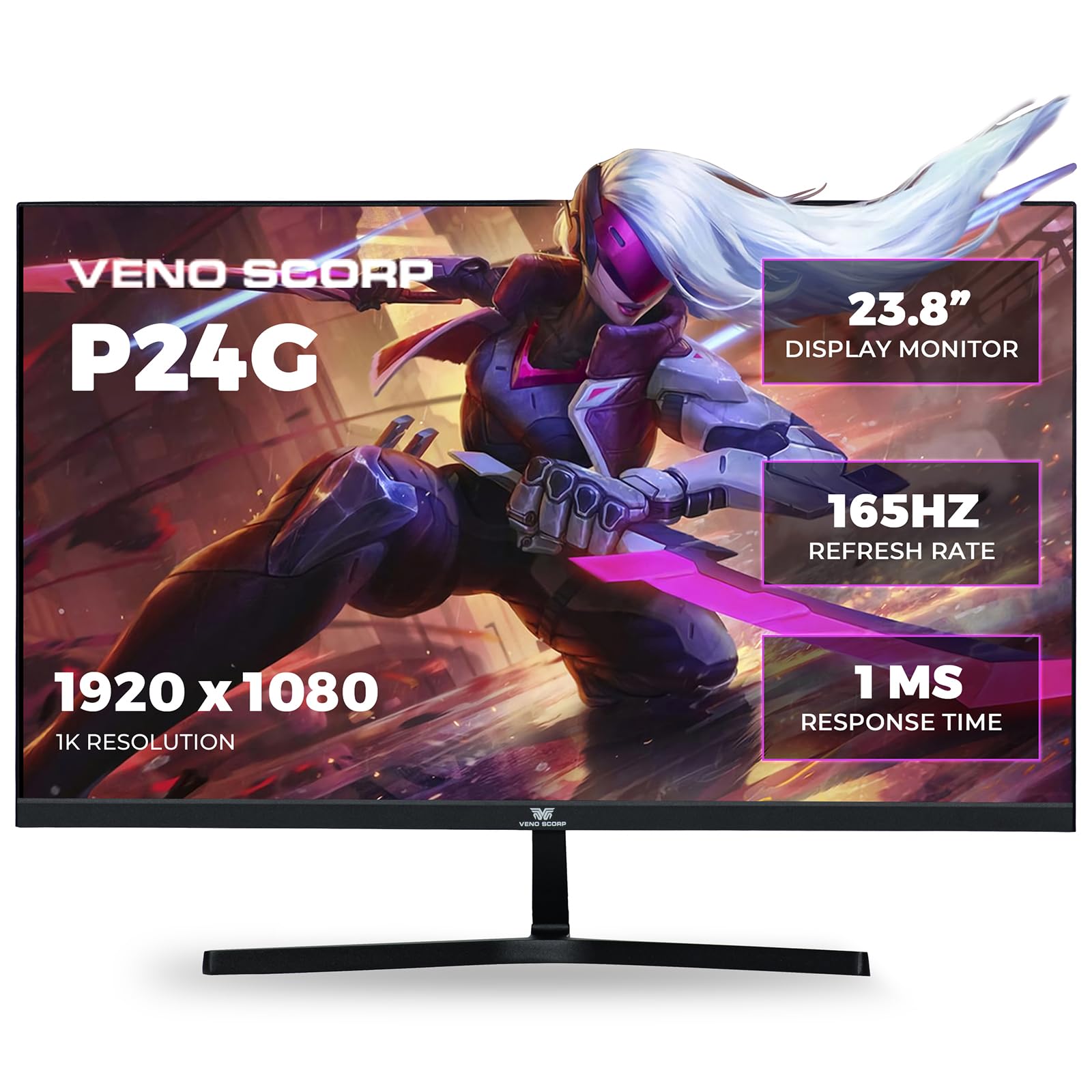 VENOSCORP 24 Inch Gaming Monitor - FHD 1080p 165Hz 1ms Response, AMD FreeSync & NVIDIA G-Sync Compatible, Ultra-Thin Bezel LED Display with HDMI/VGA Ports, Eye Care Technology for PC Gamers (Black, P24G) - Perfect for Esports, Streaming & Home Office Setup