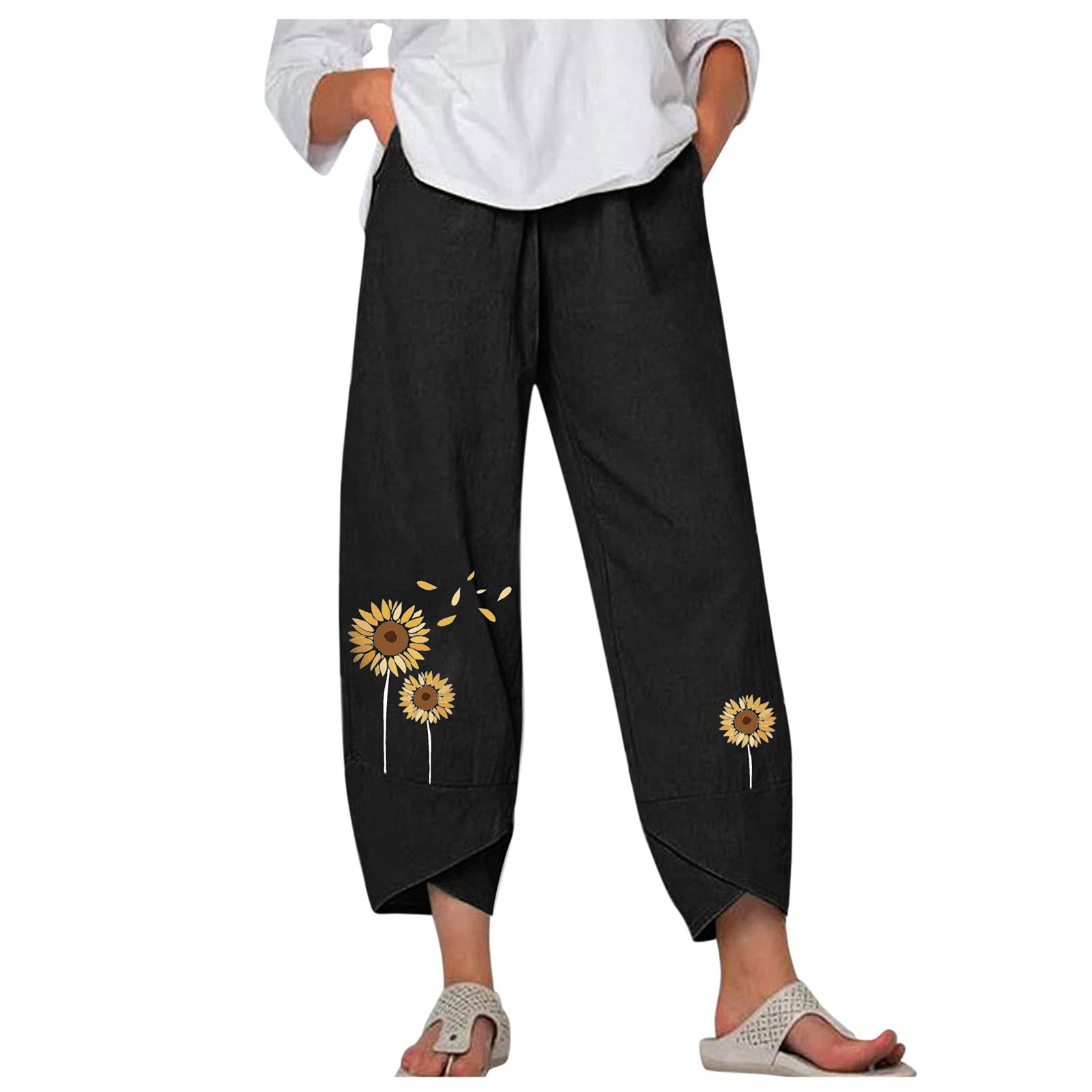 Women's Capri Pants - Casual Summer Cotton Linen Cropped Pants with Pockets, Loose Harem Yoga Pants for Women, Comfortable Printed Trousers | Perfect for Yoga, Beach, Travel & Lounge Wear