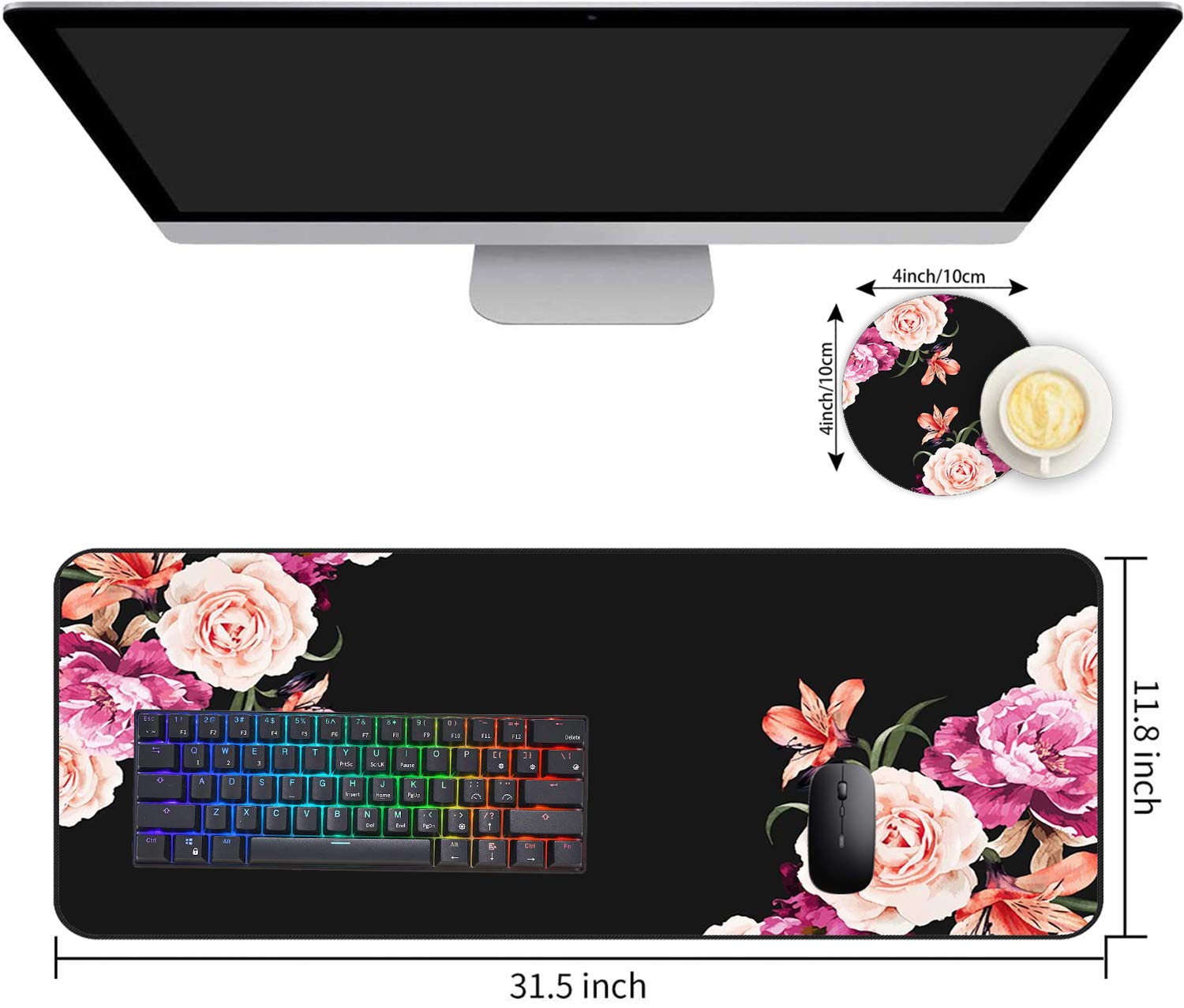 Extended Gaming Mouse Pad with Non-Slip Rubber Base & Stitched Edges - Large Waterproof Desk Mat for Work, Gaming & Office Use - Peony Flower Design - Perfect for PC, Laptop & Home Workspace