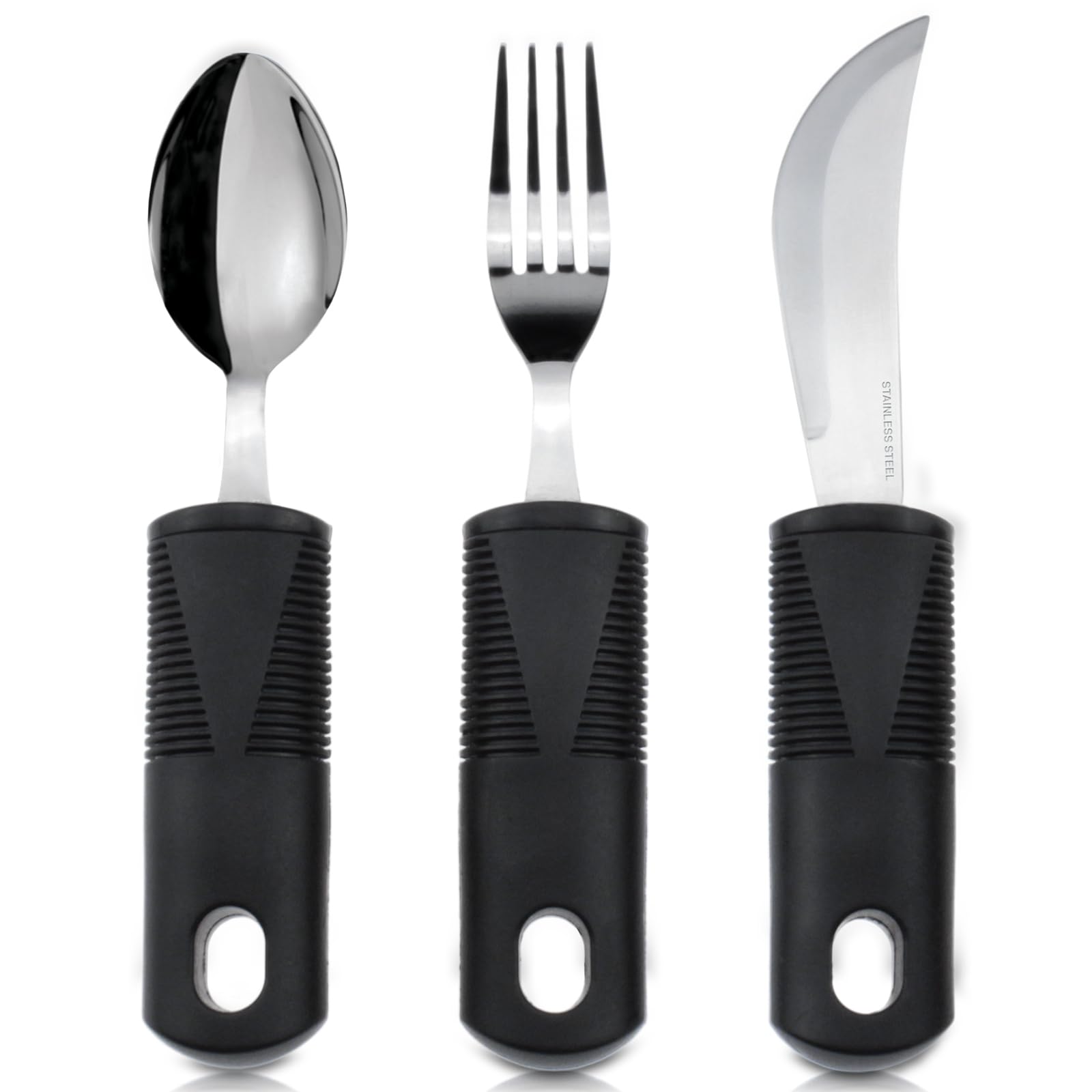Vive Adaptive Utensil Set for Arthritis & Parkinson's - Easy Grip Stainless Steel Silverware for Hand Tremors & Shaking Hands - Heavy Duty Spoon, Fork & Knife for Seniors & Disabled - Perfect for Dining, Assisted Living & Home Care