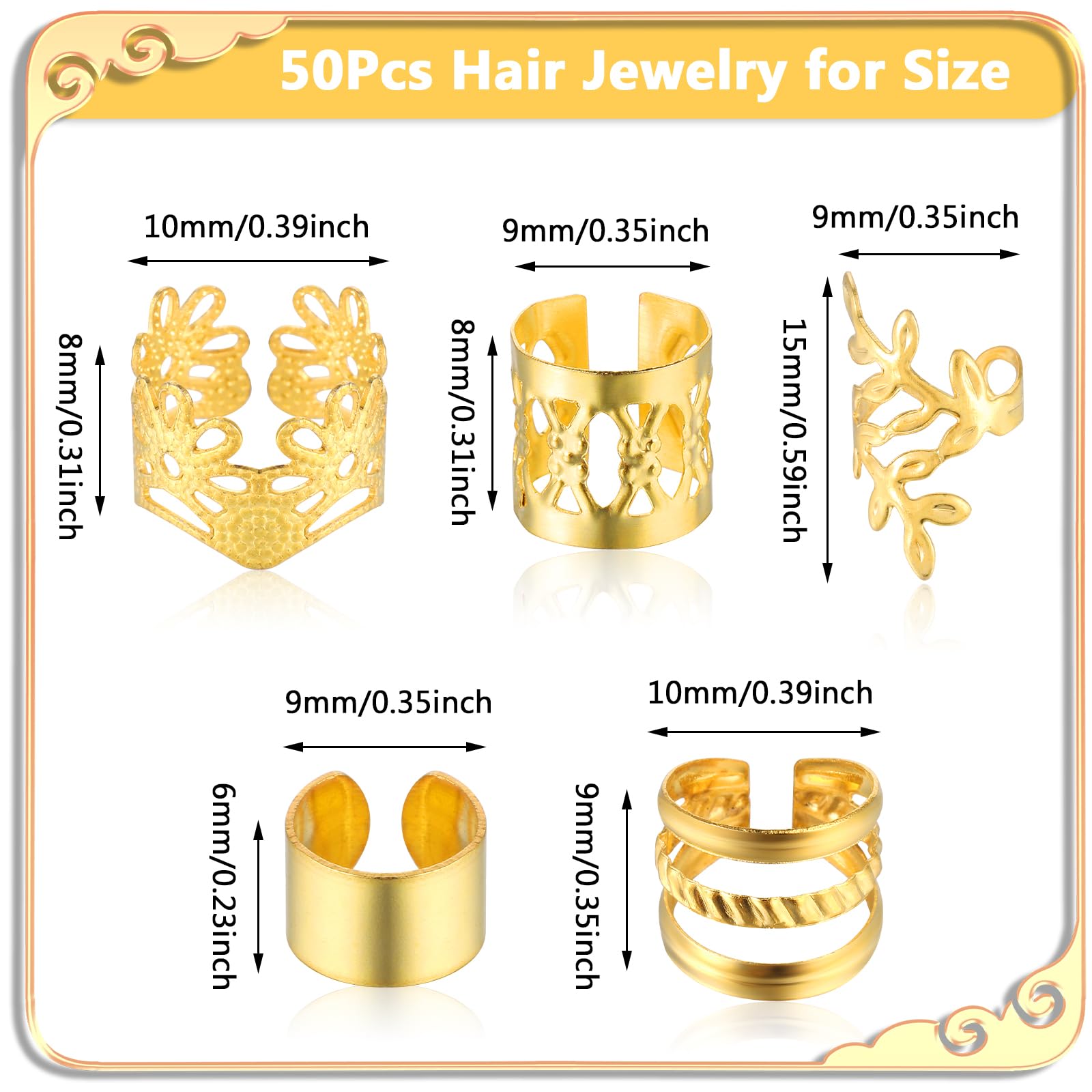 50pcs Gold Hair Jewelry for Braids - Adjustable Hair Rings, Cuffs & Charms for Dreadlocks - Hair Beads Decorations for Men & Women - Perfect for Parties, Weddings & Everyday Styling