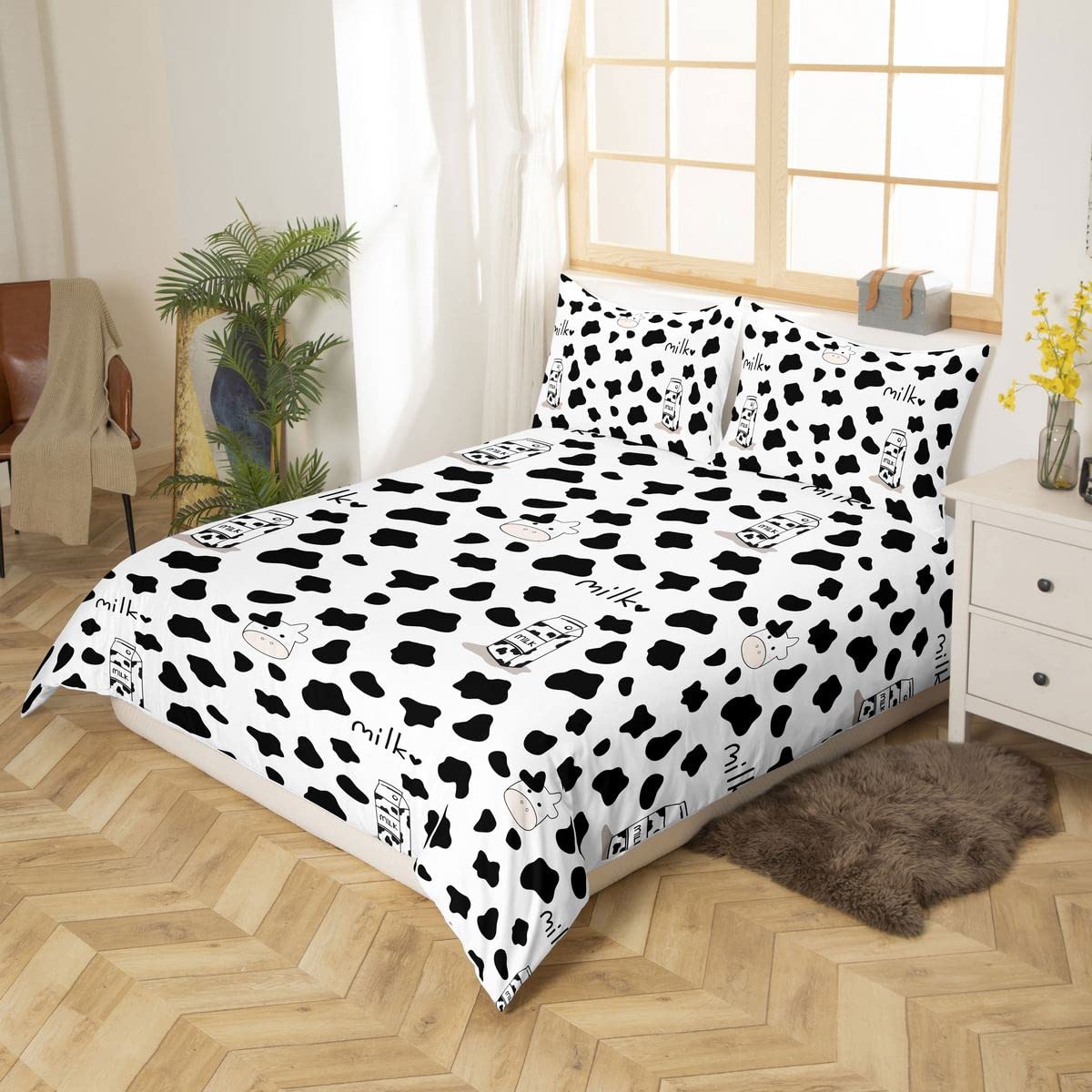 Feelyou Twin Size Kids Duvet Cover Set - Cute Cow Milk Cartoon Animal Design, Soft Microfiber Polyester Bedding for Boys & Girls (2-Piece Set with Pillow Sham, Zipper Closure, Black & White) | Perfect for Nursery, Kids Room & Sleepovers