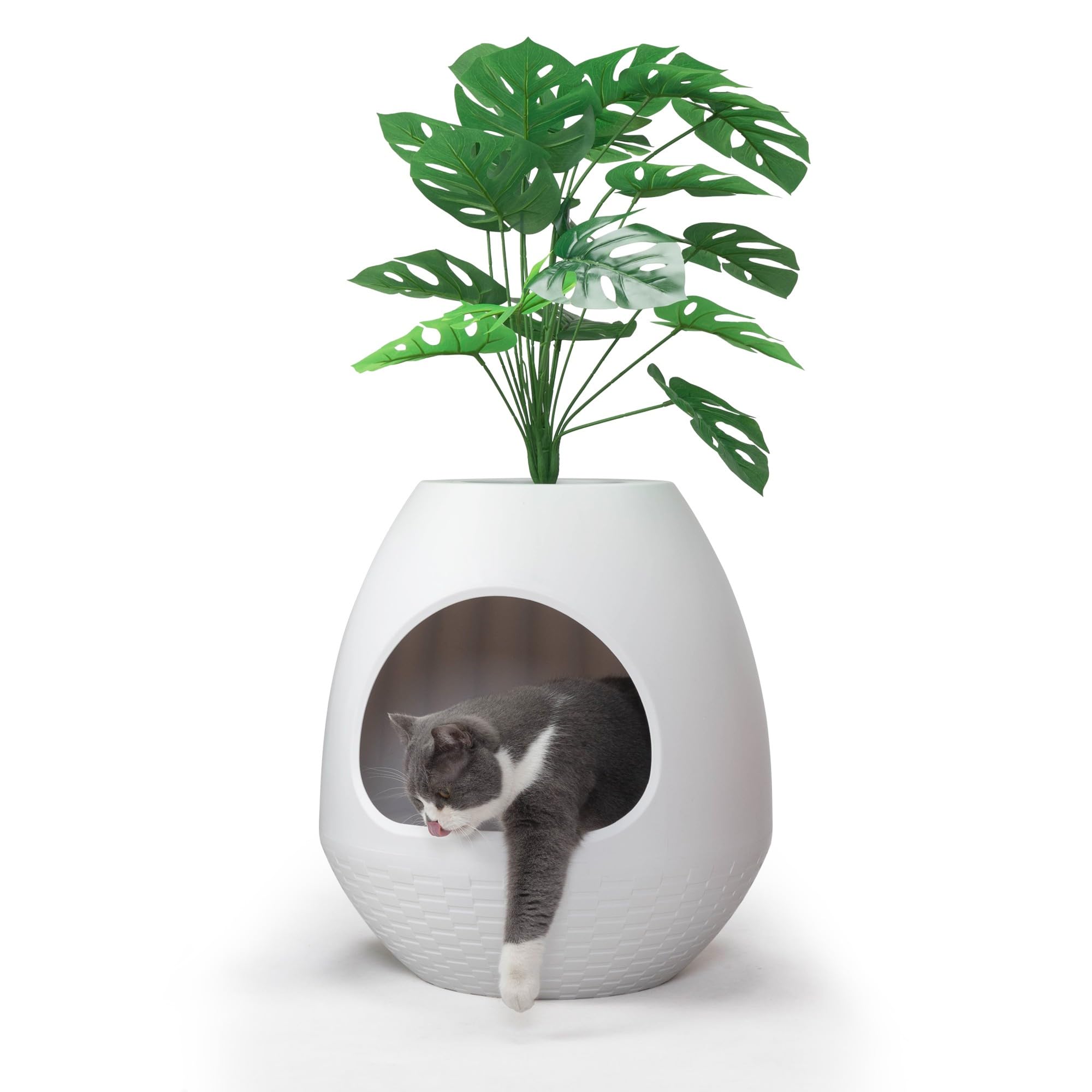 Eggloa6 Hidden Cat Litter Box with Artificial Plants - DIY Discreet Litter Box Furniture for Indoor Cats (Light White) | Perfect for Small Spaces, Apartments & Home Decor