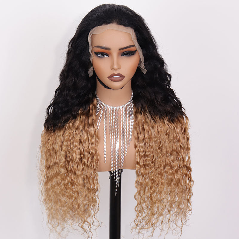 Eullair Ombre 1B Honey Blonde Water Wave Glueless Lace Frontal Wig - HD Lace Pre-Colored Two-Tone Curly Human Hair Wig - Easy Install & Low Maintenance (EW004) - Perfect for Daily Wear, Cosplay & Special Occasions