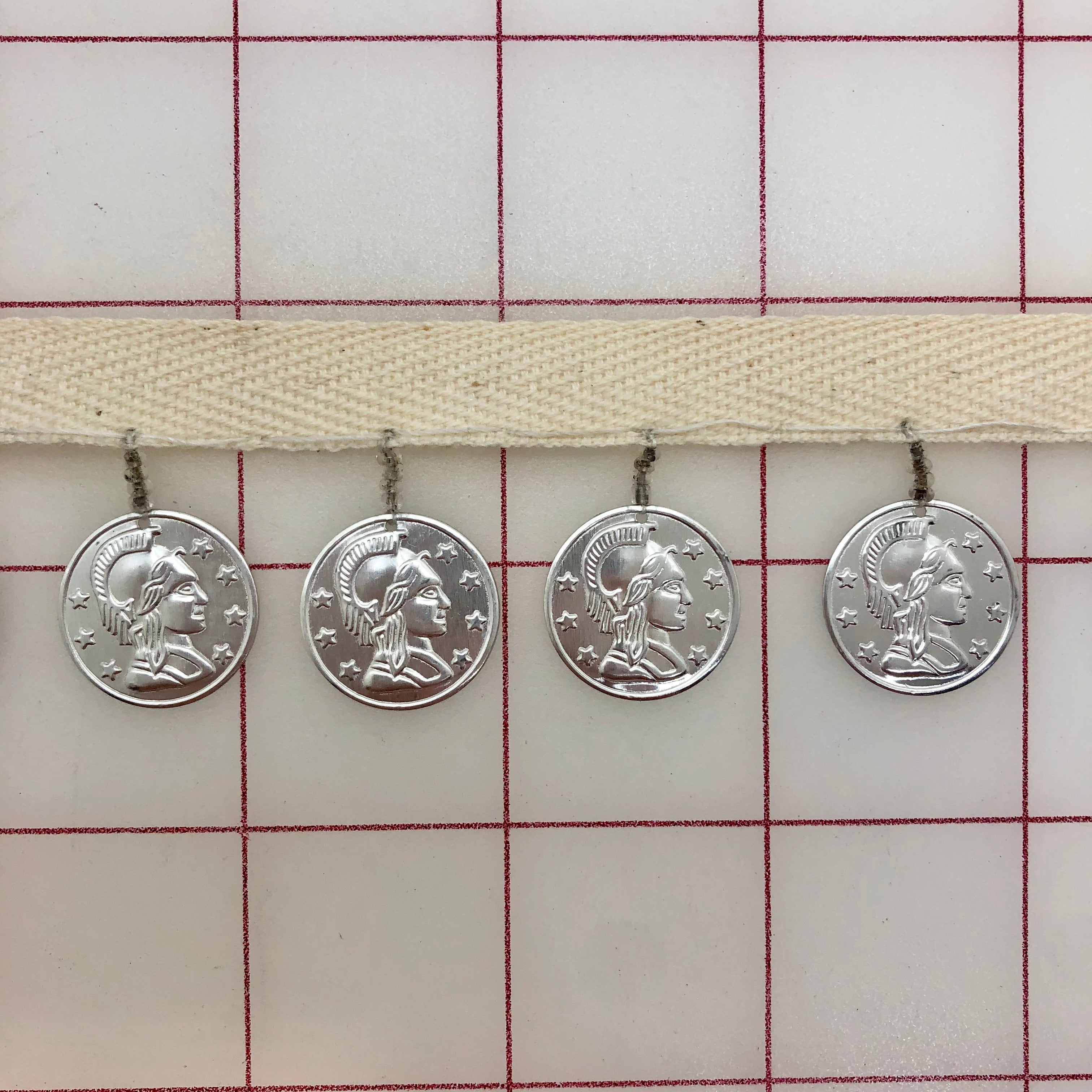 Half Inch Silver Coin Trim on Ivory Twill Tape - Vintage Style Decorative Trim for DIY Crafts, Costumes, and Home Decor