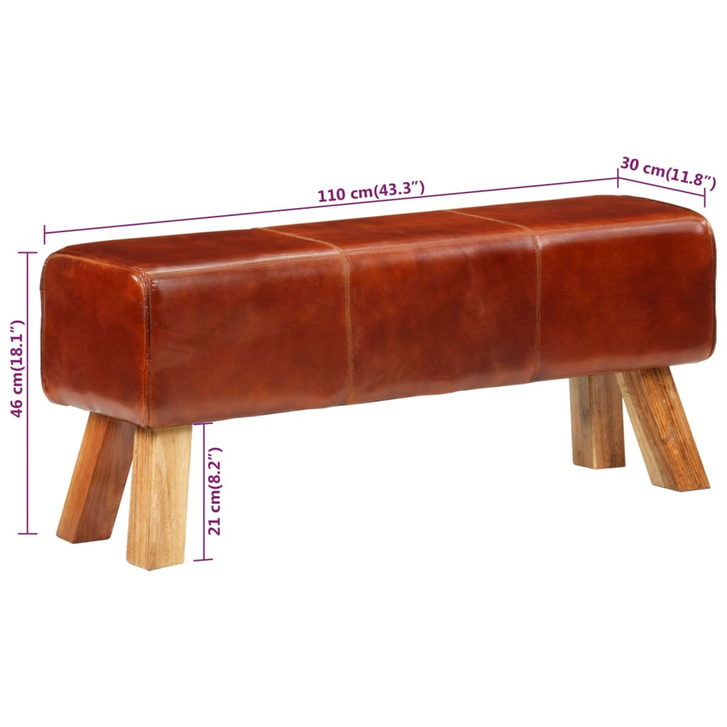 vidaXL 110 cm Brown Gym Bench - Real Leather Upholstery & Solid Mango Wood - Heavy Duty Weight Bench for Home Gym & Strength Training
