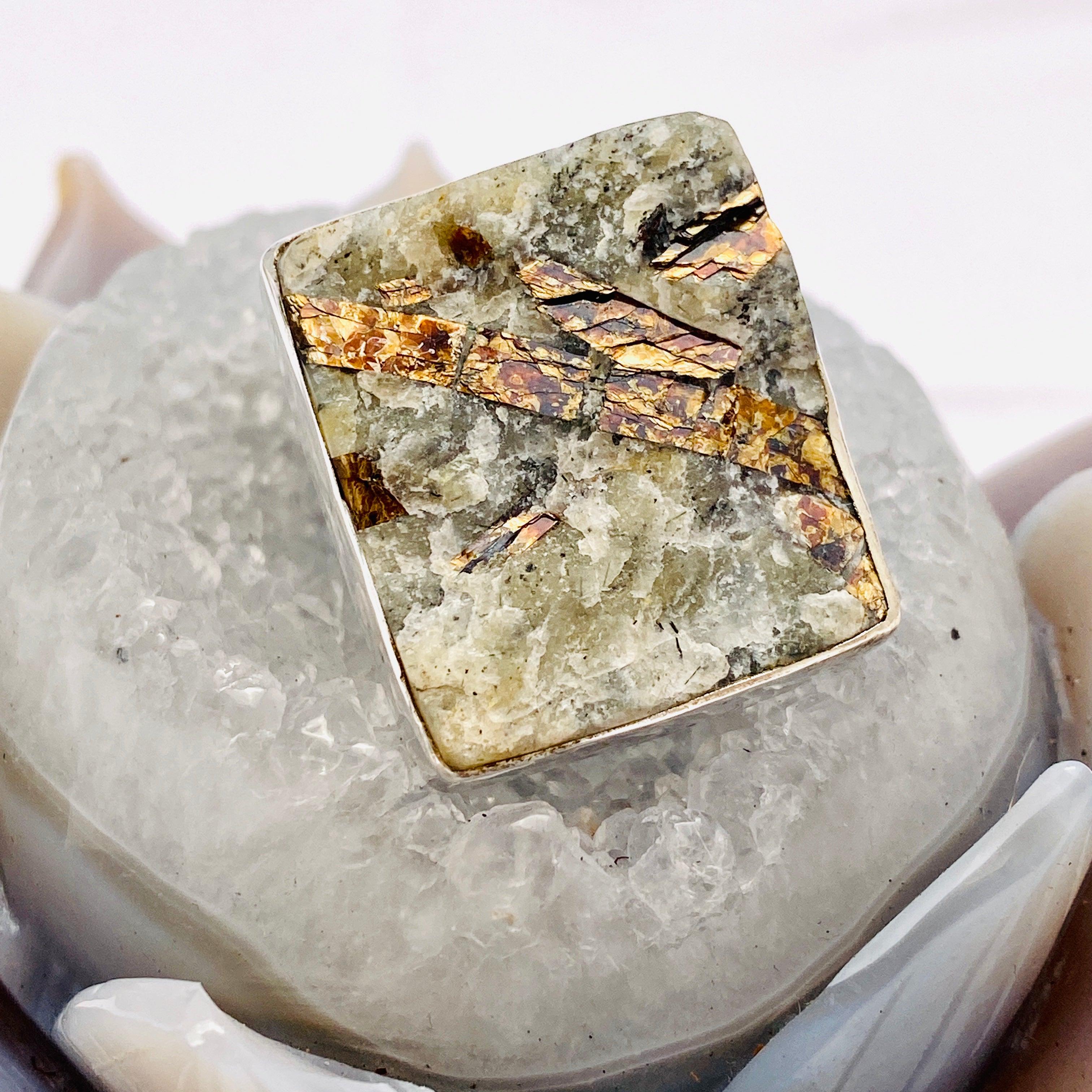 Golden Astrophylite Square Ring Size 11 KRGJ1483 - Unique Handmade Jewelry for Women, Boho Chic Style, Perfect for Gifts & Special Occasions