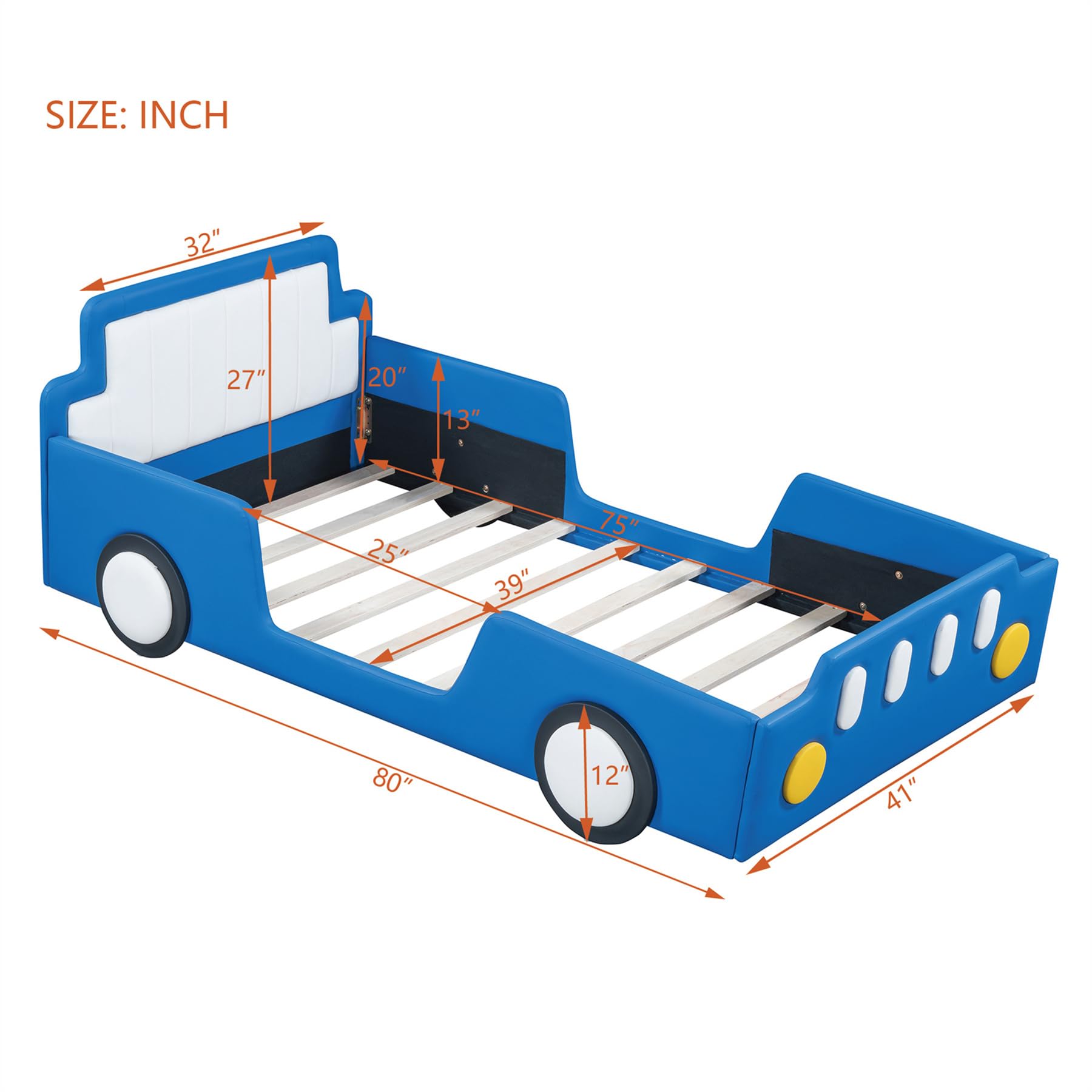 Merax Twin Size Race Car Platform Bed with Wheels - PU Leather Kids Bed Frame for Boys, Twin Size Car Bed with Headboard - Fits Standard Twin Mattress (Mattress Not Included) - Perfect for Kids' Bedroom, Playroom & Themed Decor