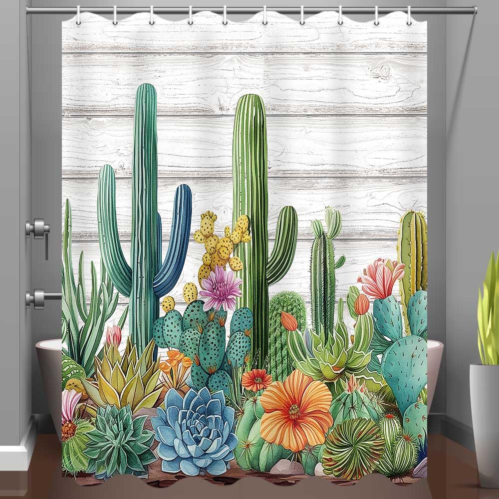 Waterproof Cactus Shower Curtain Set with Tropical Green Leaves & Pink Flowers - Rustic Farmhouse Bathroom Decor, 60x72 Inch - Perfect for Boho, Farmhouse, and Modern Bathroom Styles