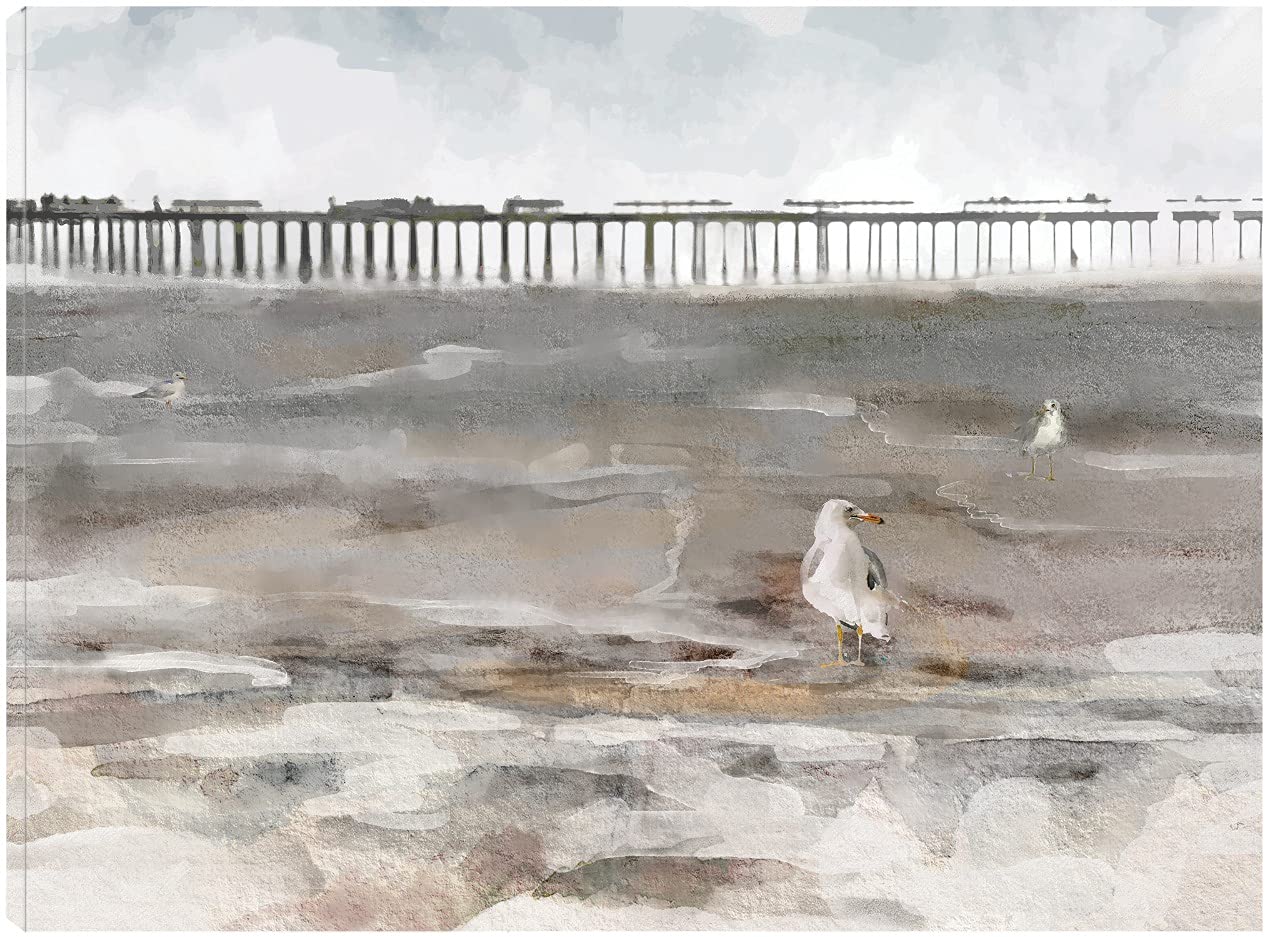 Along the Pier Fine Art Canvas Wall Decor - 32x24 Inches Ready to Hang Painting for Living Room, Bedroom, Office & More - Coastal Beach Scene Home Decor by Artist Studio Arts | Perfect for Nautical Theme Spaces & Gift Giving