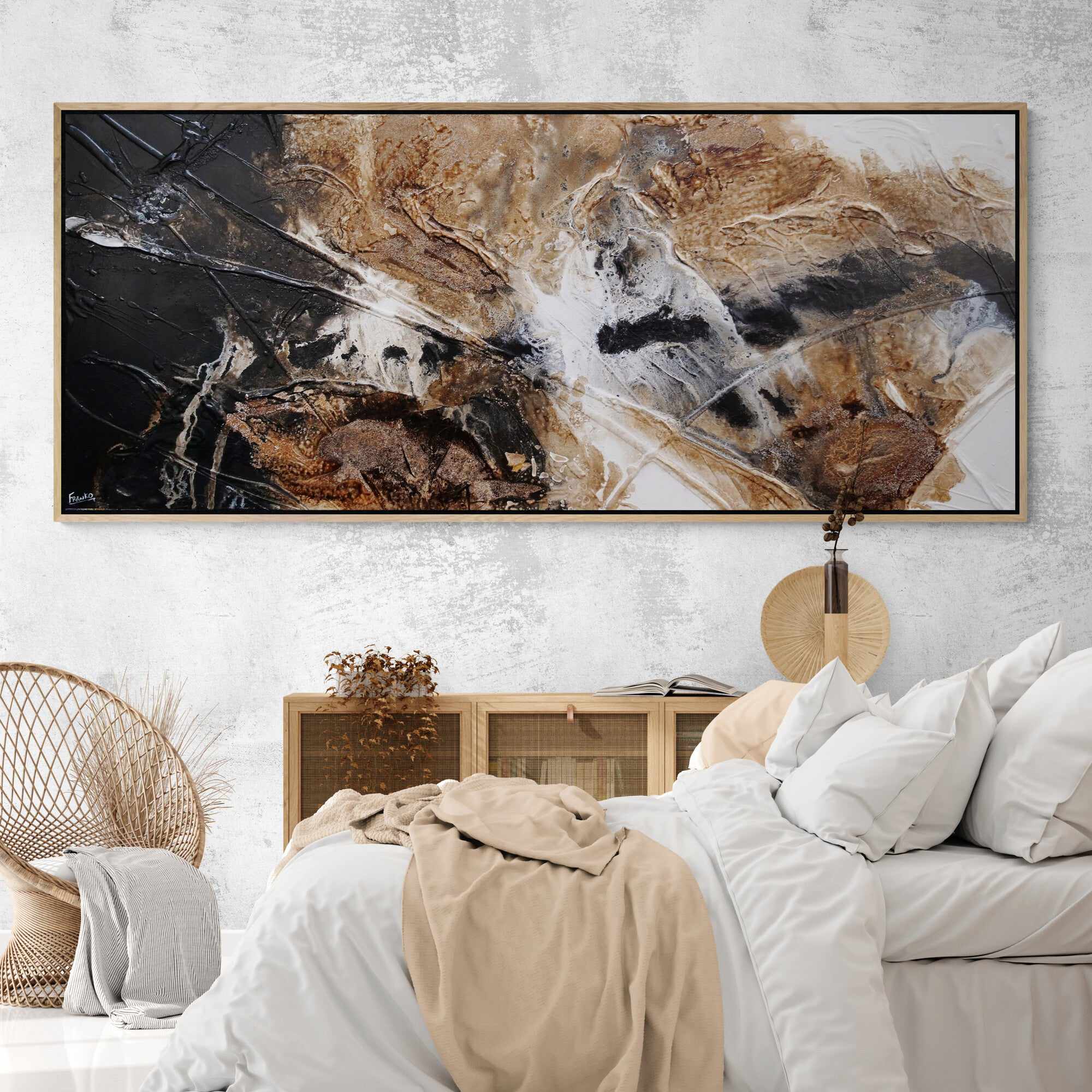 Rust Black White Textured Abstract Honeycomb Ascent Painting 94.5 x 39.4 Inch - Modern Wall Art for Living Room, Bedroom & Office Decor