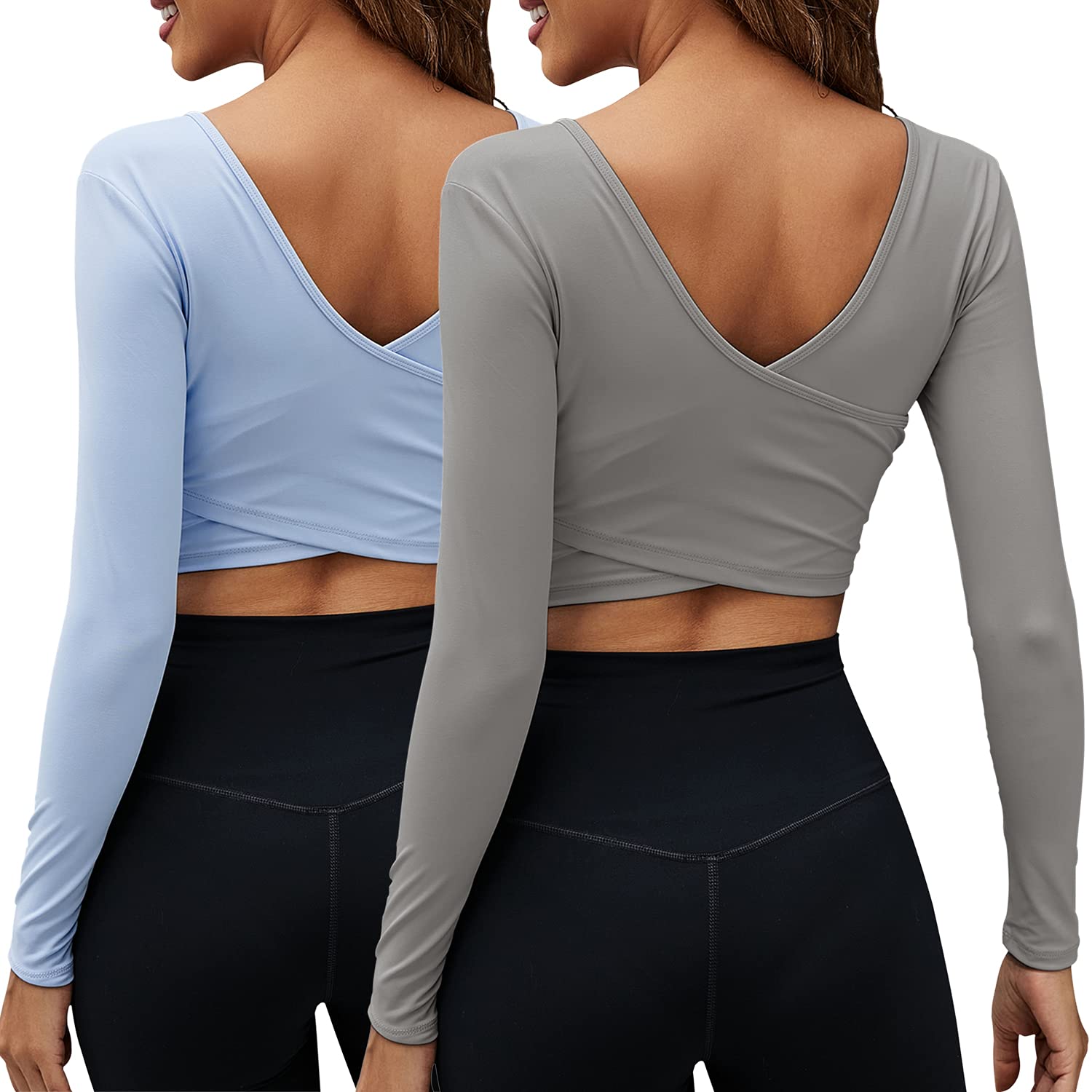 Women's 2-Pack Seamless Cross Back Yoga Tops - Long Sleeve Crewneck Workout Shirts for Gym, Pilates & Fitness | Moisture-Wicking Athletic Crop Tops for Yoga & Activewear