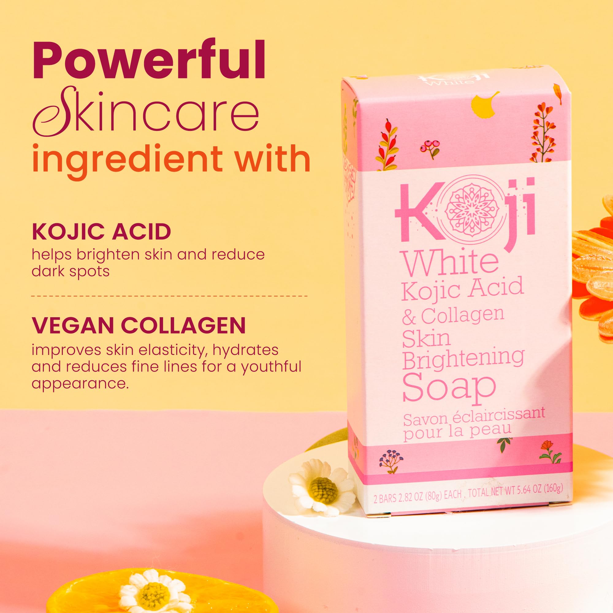 Koji White Kojic Acid & Collagen Skin Brightening Soap - Face & Body Cleanser for Glowing Skin, Moisturizing Bar to Reduce Wrinkles, Vegan & Paraben-Free, 2.82oz (2 Bars) - Perfect for Daily Skincare Routine & Hyperpigmentation Treatment