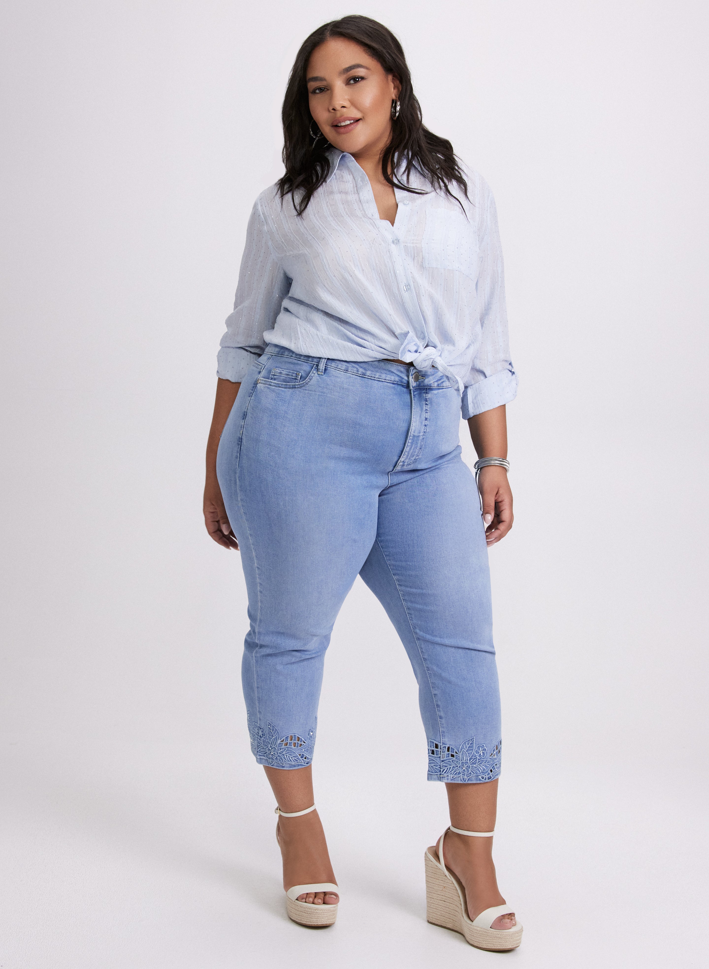 Floral Embroidered Denim Capri Pants for Women - Stylish Summer Casual Shorts for Outfits, Beach & Vacation Wear