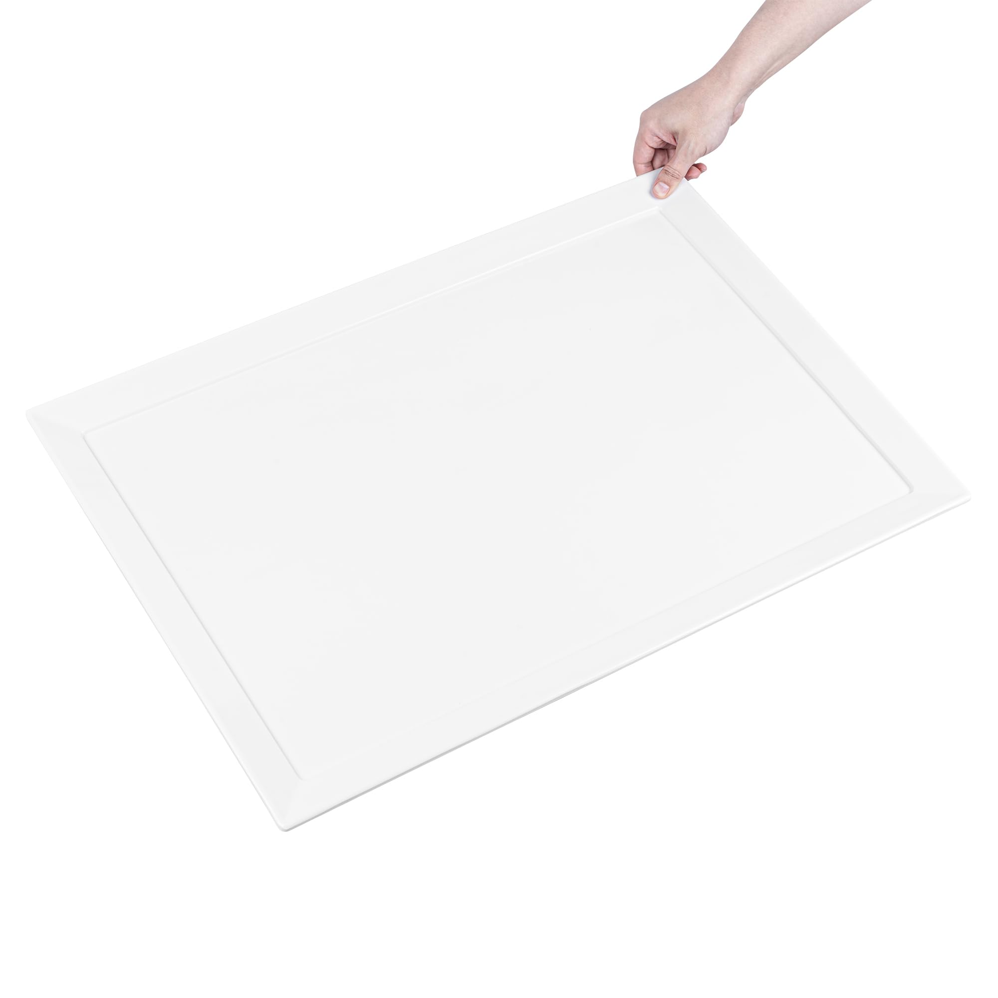 Restaurantware Voga 25.6 x 17.7 Inch White Melamine Serving Tray - Rectangle Dishwasher Safe Platter with Raised Edges for Meals, Appetizers, Snacks | Shatterproof Outdoor Entertaining Tray for Parties, Picnics, BBQs & Buffets
