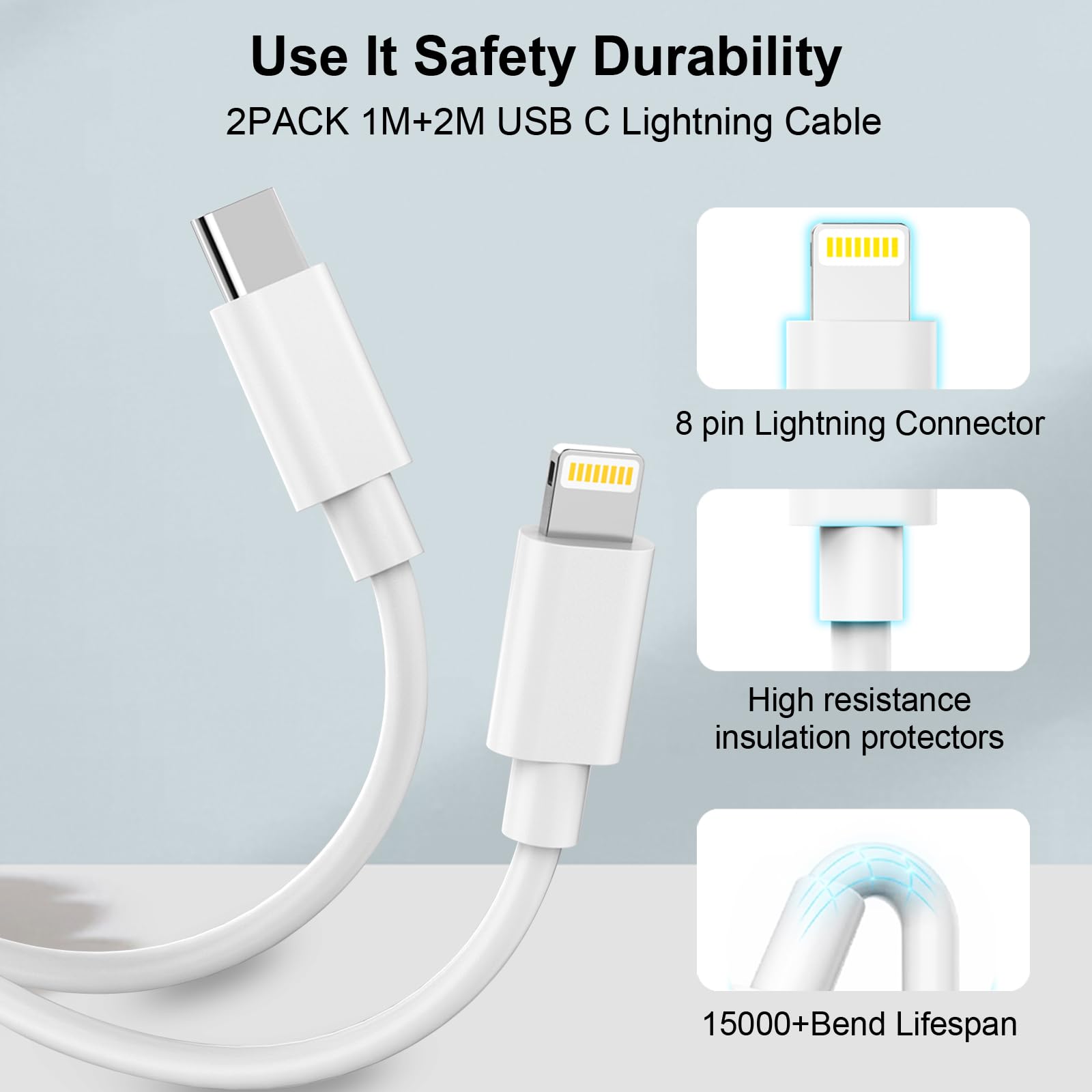 MFi Certified USB C to Lightning Cable 2-Pack (1M+2M) - Fast Charging Cable for iPhone 14 Pro Max/Plus/13/12/11/XS/8 - Perfect for Home, Office & Travel Charging