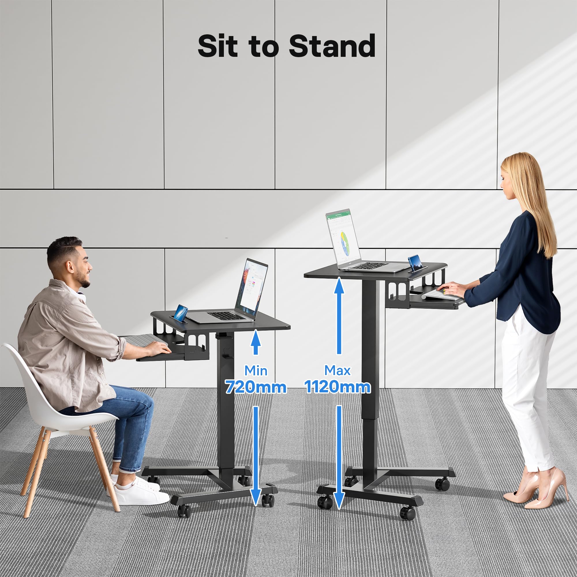 Adjustable Height Mobile Desk with 4 Wheels - 65x45cm Portable Standing Workstation with Keyboard Tray, Perfect for Home Office, Living Room & Bedroom - Ideal for Remote Work, Gaming & Study