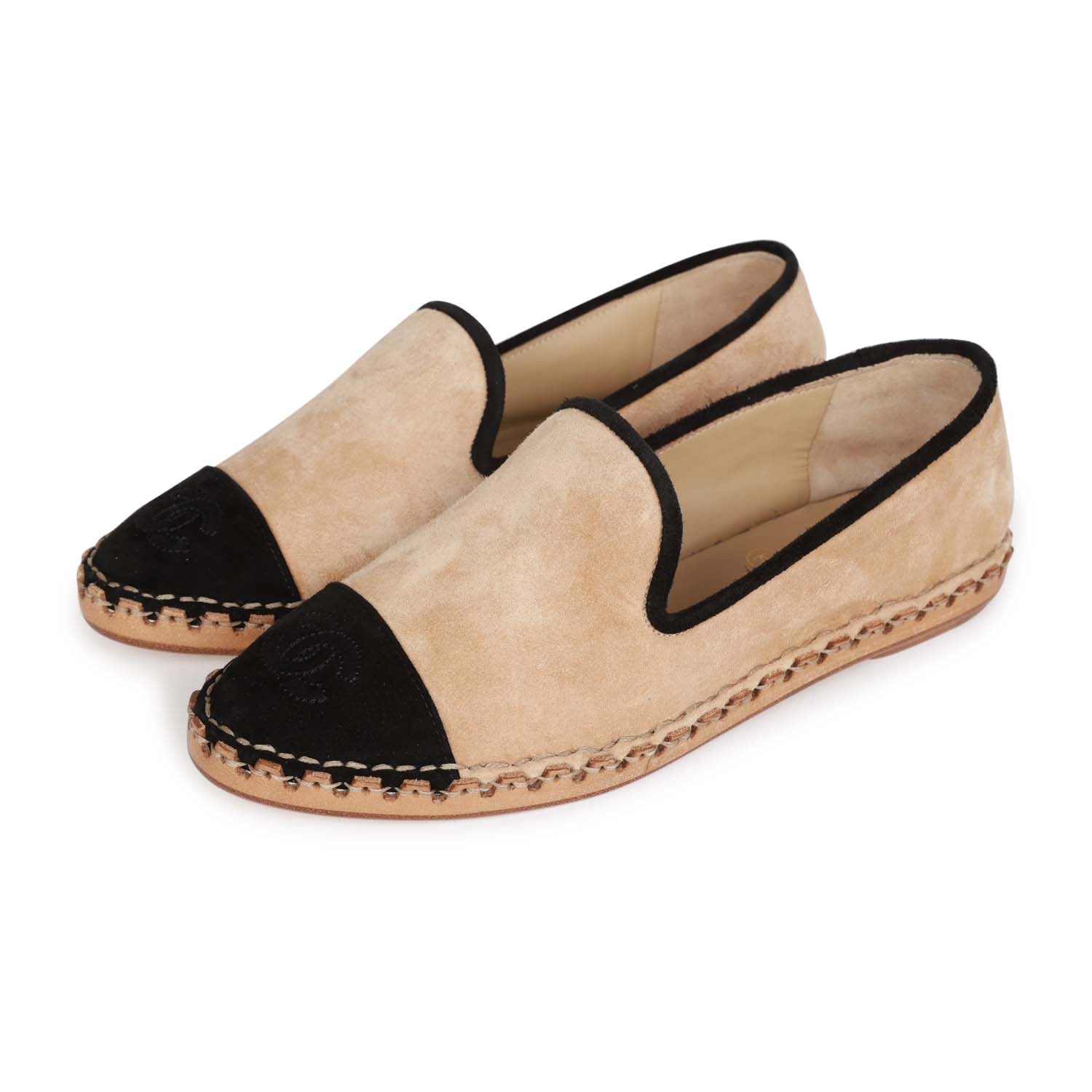 Chanel CC Logo Beige & Black Suede Espadrilles Flats - Women's Size 35 | Comfortable Casual Shoes for Summer Outfits & Beach Vacations