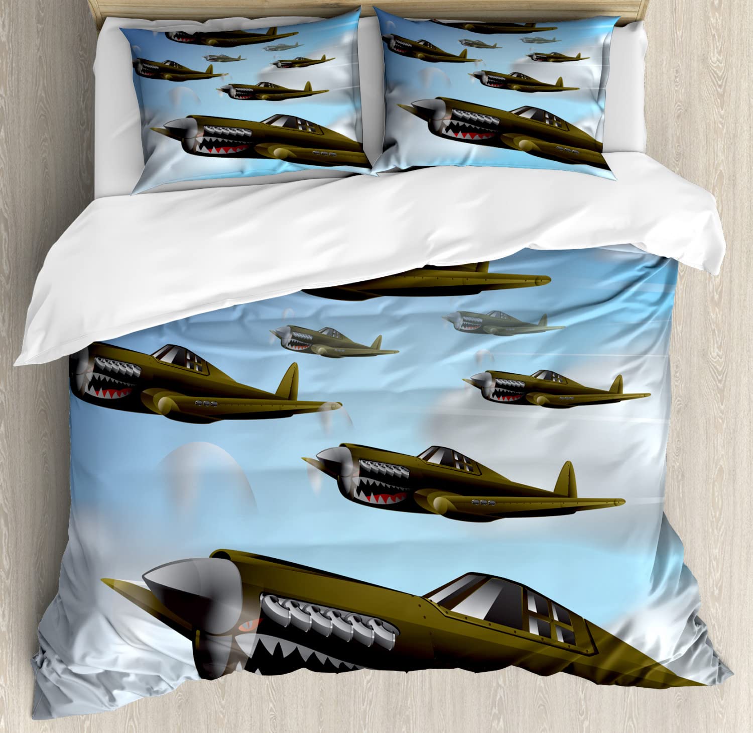 Ambesonne Airplane Duvet Cover Set - Twin Size 2-Piece Bedding with Fighter Jet Design in Blue Green Grey | Soft Microfiber Duvet Cover & Pillowcases | Perfect for Kids Room, Aviation Enthusiasts & Modern Bedroom Decor