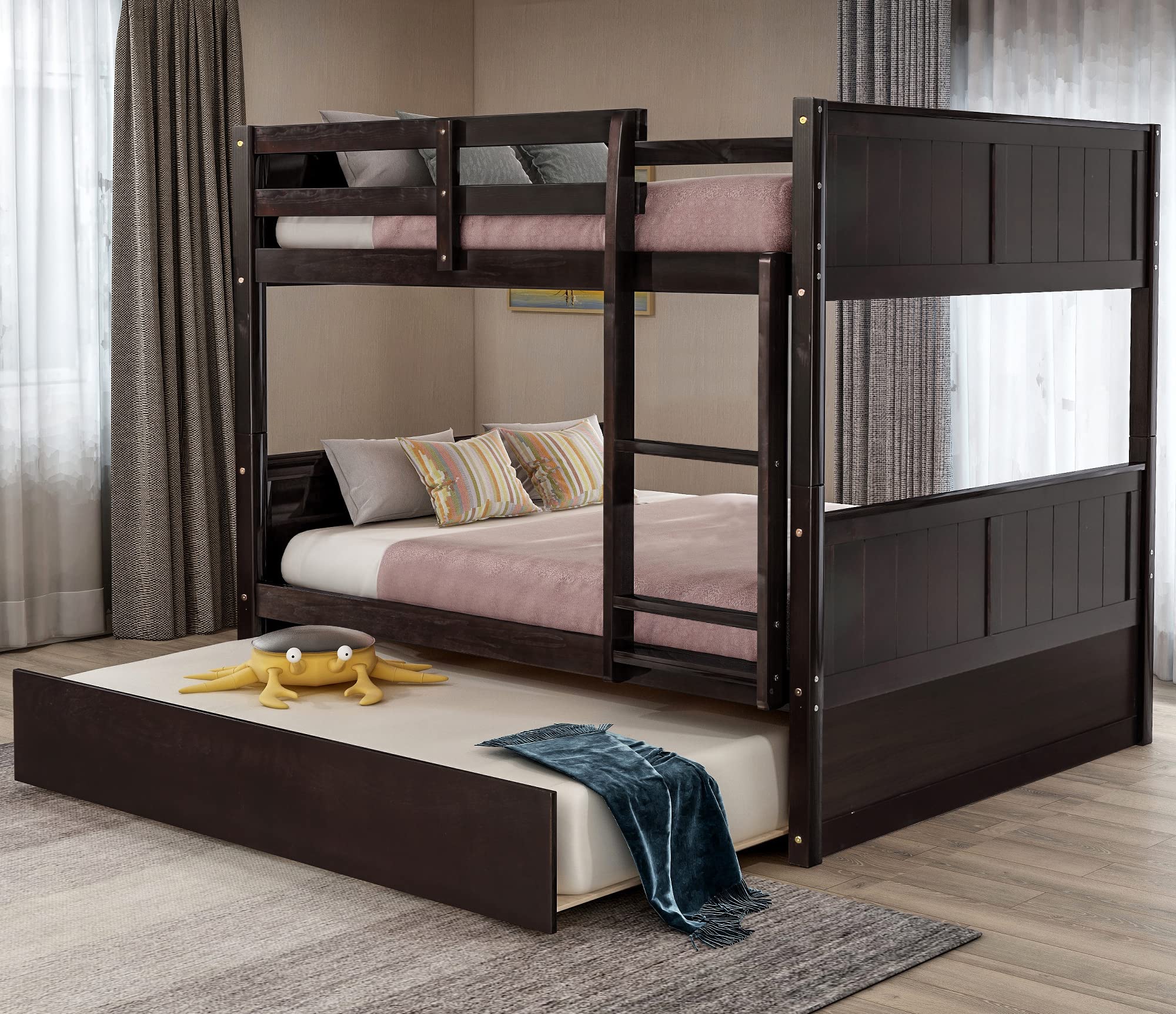 Full Over Full Bunk Bed Frame with Twin Trundle - No Box Spring Needed, Sturdy Safety Guardrails for Teens, Kids & Adults - Perfect for Small Bedrooms, Guest Rooms & Vacation Homes
