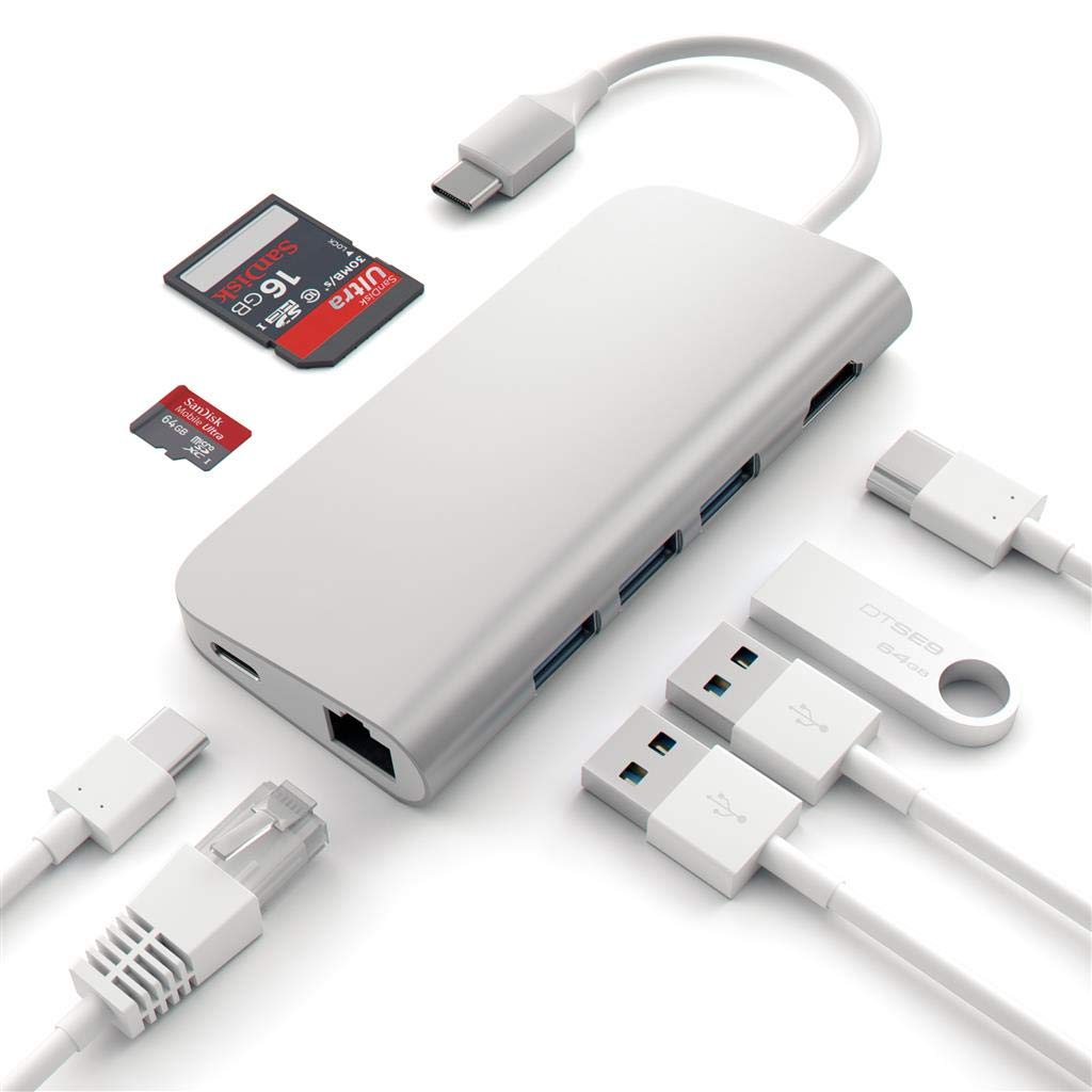 SATECHI Aluminum Multi-Port USB-C Hub with 4K HDMI, Gigabit Ethernet, USB 3.0 & SD/Micro Card Readers - Compatible with M1/M2 MacBook Pro/Air, iPad Pro/Air, Mac Mini & iMac - Perfect for Work, Travel & Home Office (Silver)