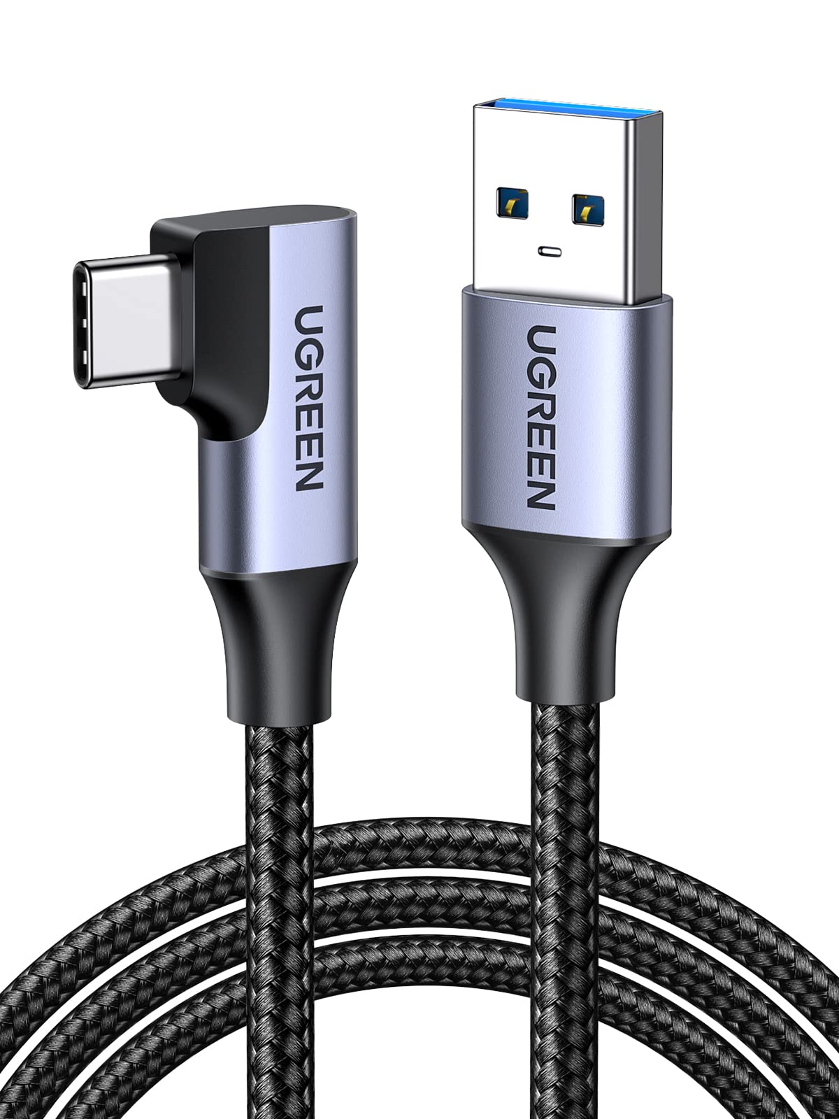 UGREEN 90 Degree Right Angle USB C Cable 3.0 - 5Gbps Fast Charging & Data Sync Nylon Braided Cord (1.5ft) - Compatible with Galaxy S25/S24 Ultra, Pixel 9/8/7, PS5 Controller, LG Velvet - Perfect for Gaming, Travel & Tight Spaces Charging