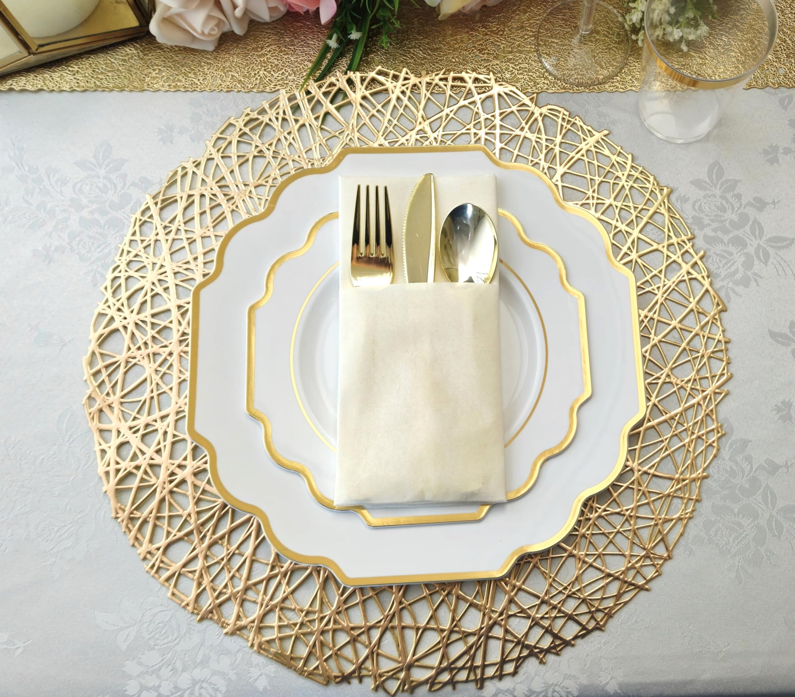 320-Piece Heavyweight Disposable Plastic Plate Set for 40 Guests - 10.5'' & 8'' Plates, Silverware, Cups, Napkins in Imperial White & Gold - Perfect for Weddings, Parties, Catering & Special Events