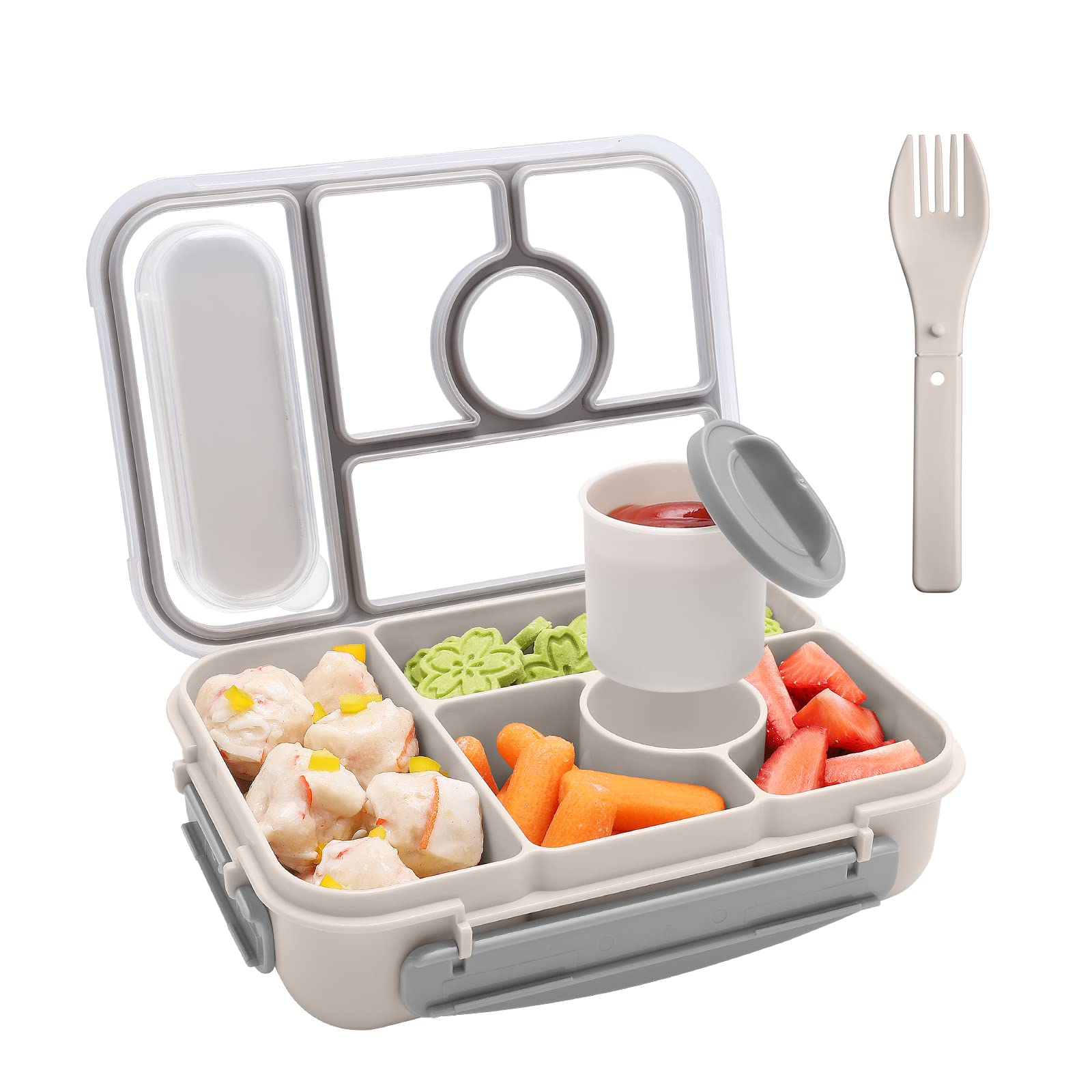 5 Compartment Bento Lunch Box for Adults & Kids - Microwave, Dishwasher & Freezer Safe with Sauce Containers | Perfect for School, Office & Picnic (White)